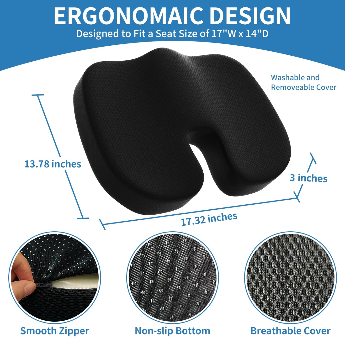 assountgh Seat Cushion &Office Chair Cushion,Lumbar Support Pillow for Office Chair,Ergonomic Memory Foam Non-Slip Office Chair Cushion,Back Support Cushions for Tailbone&Sciatica Pain Relief Black