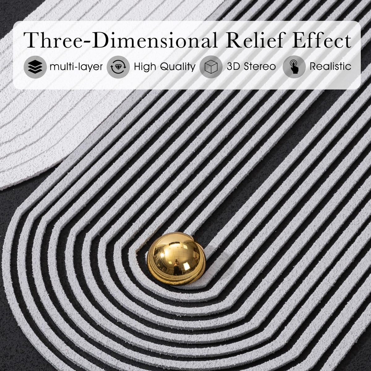 AMAATE 3 Pieces 3D Sandstone Wall Art, Black Metal Framed Abstract Geometric Wall Decor with Gold Spheres, Black White Texture Luxury Relief Paintings for Living Room Bedroom Office, 16x24 Inches, Ready to Hang
