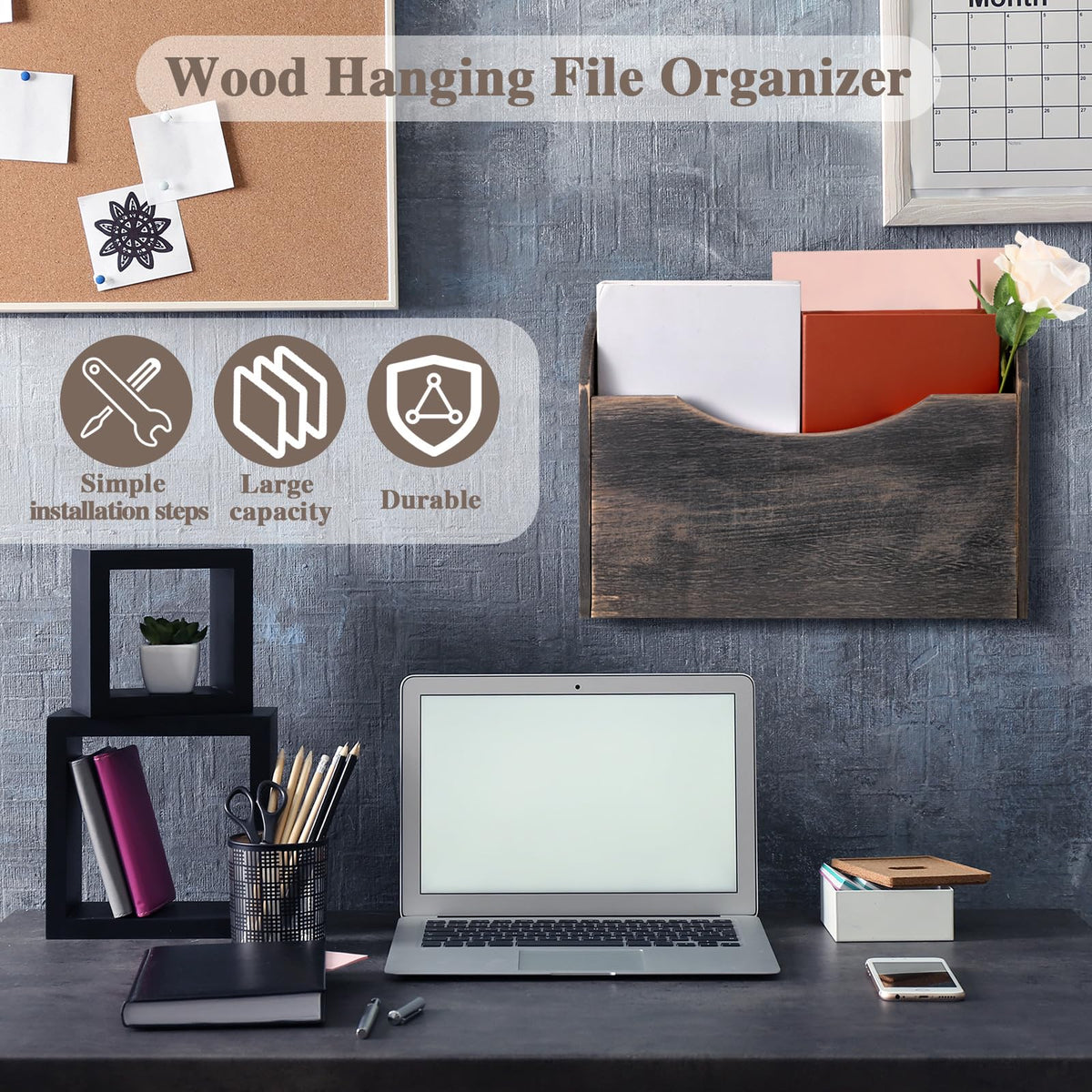 Suzile Wall Mounted File Holder Wood Magazine Holder Wall Hanging File Organizer for Office Mail Magazine Letter Paper Folder Organization (Gray)