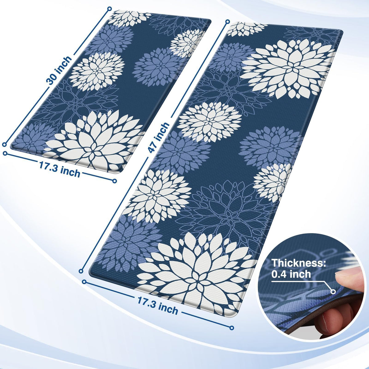 SofterCharm Kitchen Mats, 2PCS Non-Slip Cushioned Rugs, Anti-Fatigue Waterproof Floor Rug, Washable Standing Desk Mat, Home Laundry Office Apartment Decor and Accessories (17.3" ×47" +17.3" ×30"-Blue)