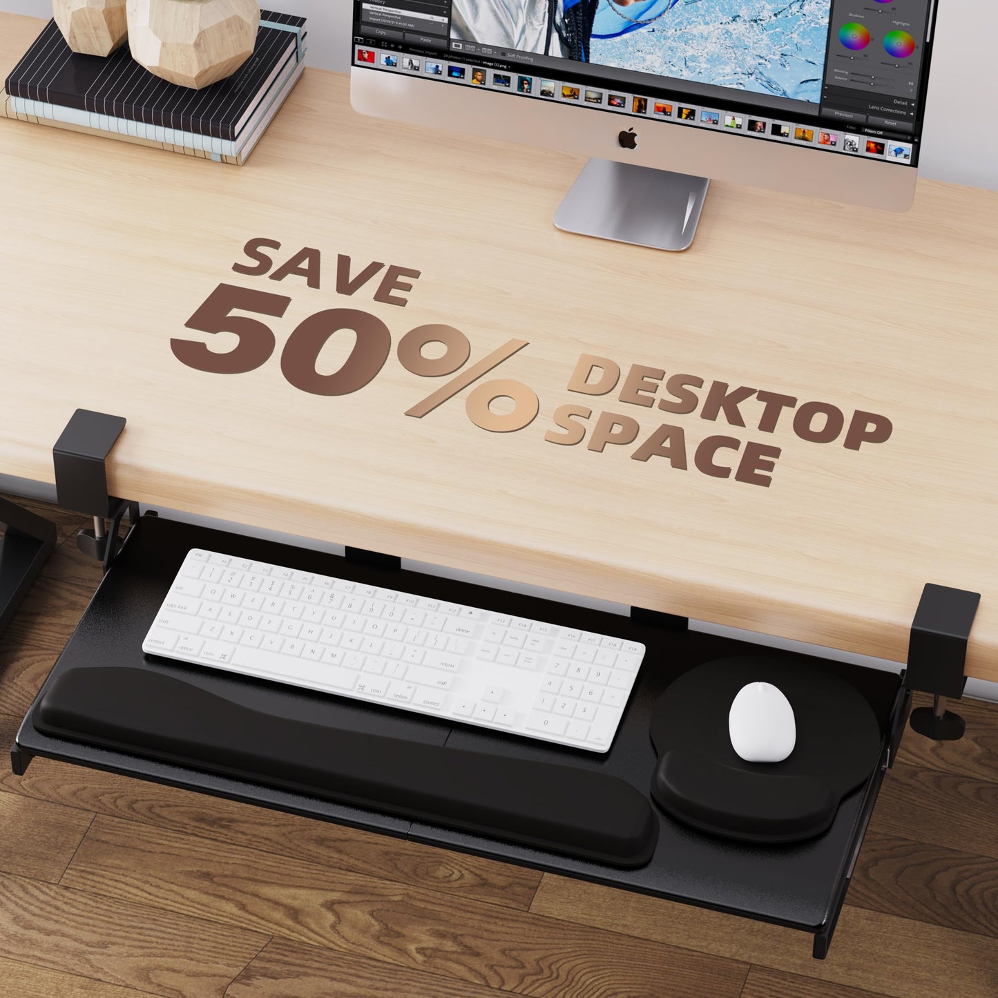 TEXENDO Keyboard Tray, 25 in. Pine Plastic, Keyboard tray Under Desk with Wrist Rest, Mouse Pad, Cup Mat, Lightweight Slide Out Tray, Easy Assemble Adjustable C clamp