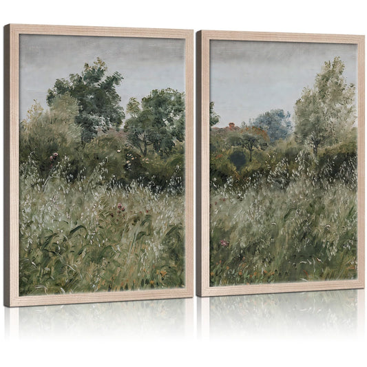 Framed Vintage Canvas Wall Art Nature Scenery Tranquil Outdoor Greenery Poster Picture Countryside Painting Natural Landscape Modern Home Print Living Room Gallery Ready to Hang 12x16 inches x2