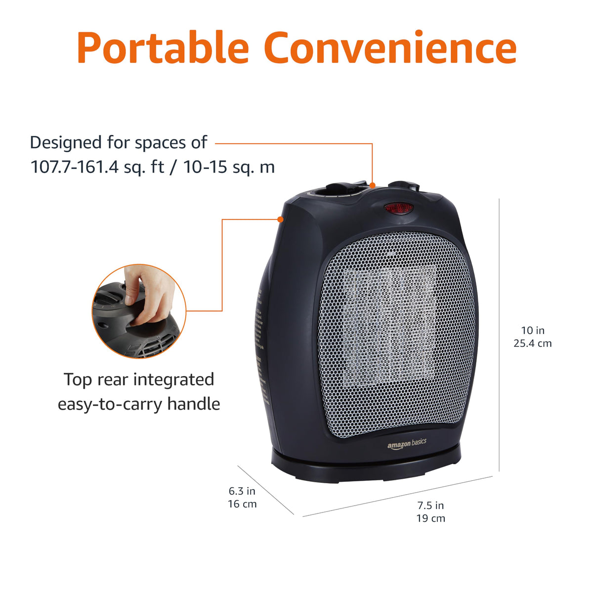 Amazon Basics Oscillating Ceramic Space Heater, Portable Fast Heating Indoor Solution, With Overheat and Tip-Over Protection, Thermostat, 1500W, 7.52"D x 6.34"W x 9.45"H, Black