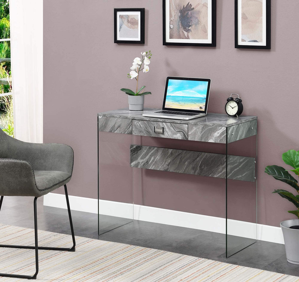 Convenience Concepts SoHo 1 Drawer Glass 36 inch Desk, Gray Faux Marble/Glass
