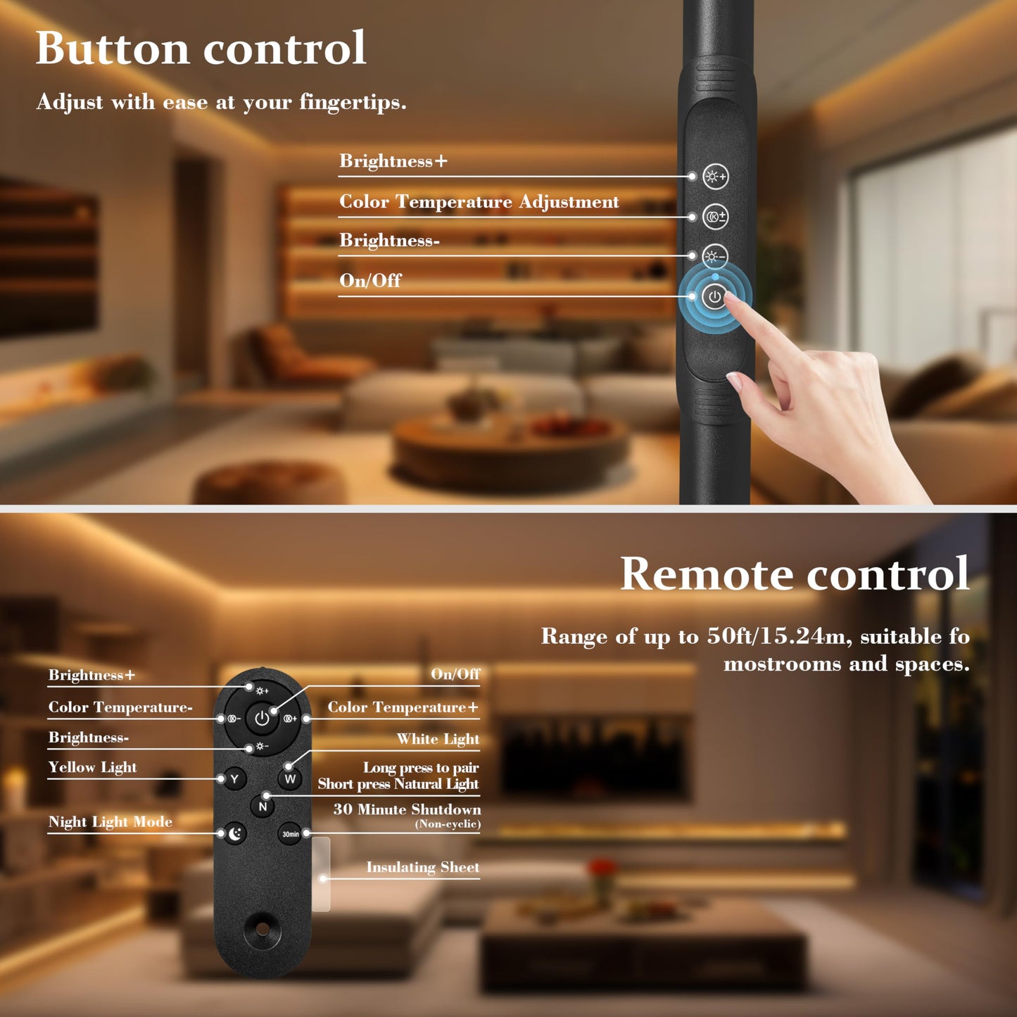 JhauvMw Dual Head LED Floor Lamp 18W, 3 Color Modes 10 Brightness, Pole Controller & Magnetic Remote, Adjustable Gooseneck, Built-in Wire, USB Eye-Caring Lamp for Living Room, Reading, Office