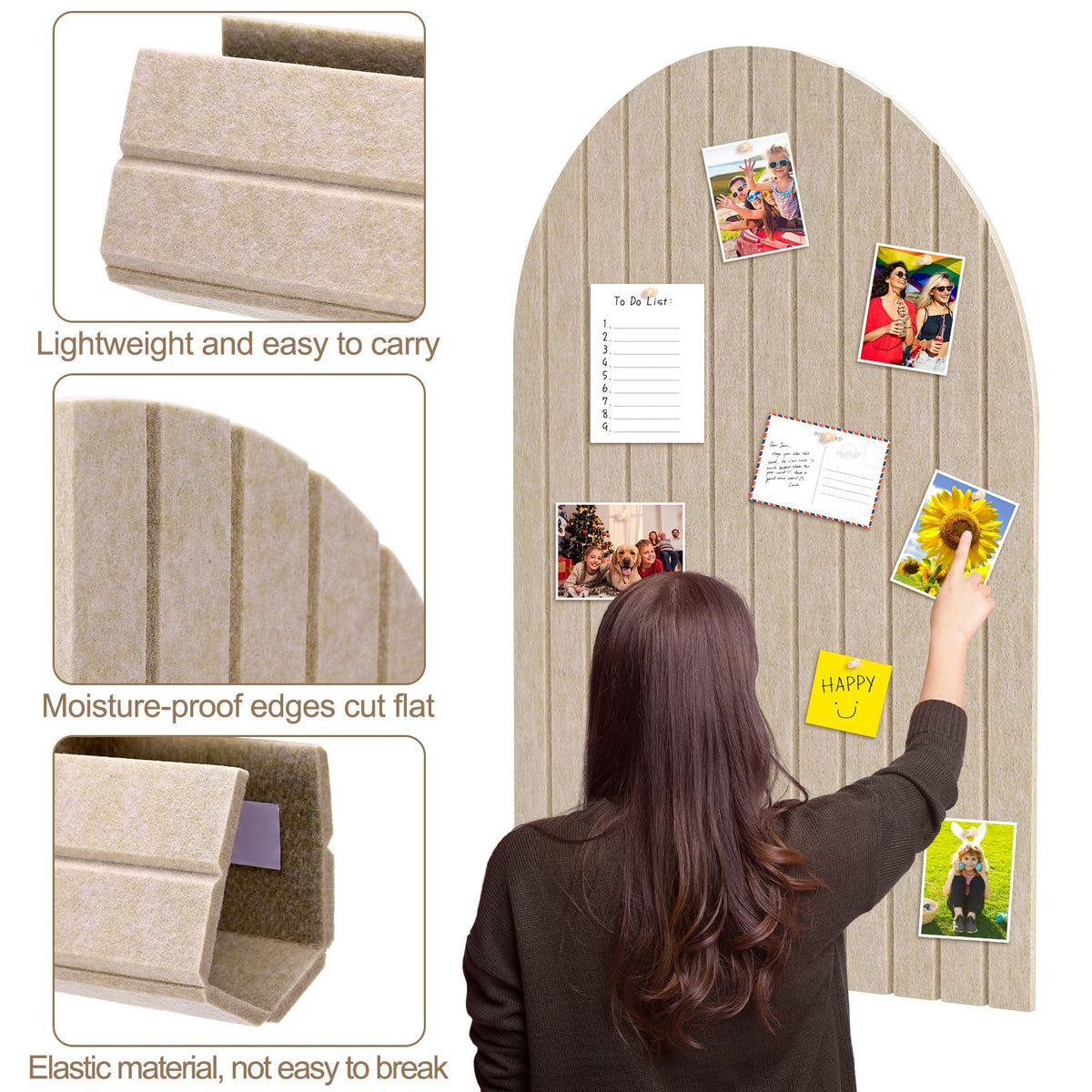 SmoothNovelty 31.5 X24 Inch Large Arch Felt Bulletin Board with 50 Wooden Pushpins Decorative Picture Framed Display Board Felt Tile Wall Organizer for School Home Office Boho Wall Decor(Dark Camel)
