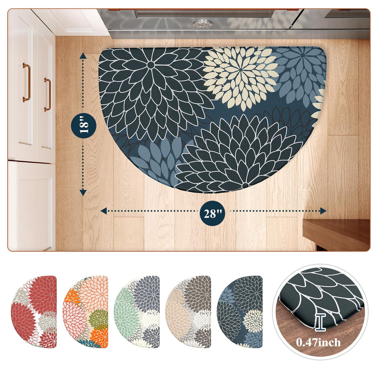 KIMODE Half Circle Kitchen Mats for Floor Cushioned Anti Fatigue,Semi Round Floral Boho Kitchen Rug Non Slip,Waterproof Kitchen Carpet Decor for Sink Laundry Bathroom,Blue Multi