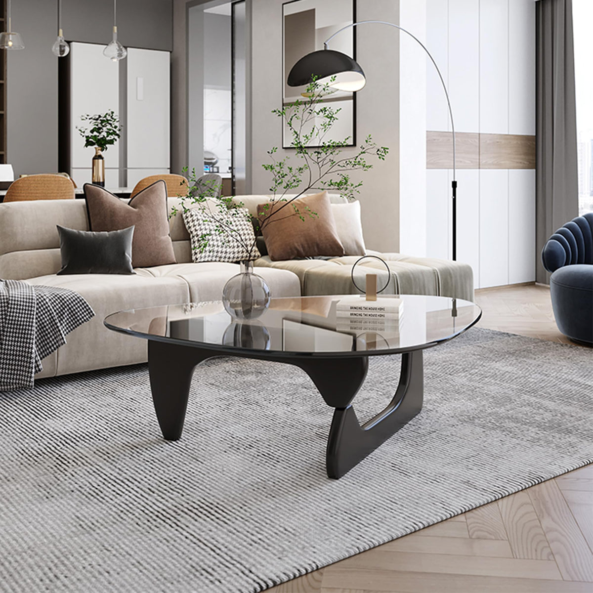 EASYSOUL Modern Glass Coffee Table, 32.68" D x 22.44" W x 15.75" H, Abstract Round Tea Tables for Living Room Home Office Industrial Cocktail Tables (Black-Clear Glass, 32.68")