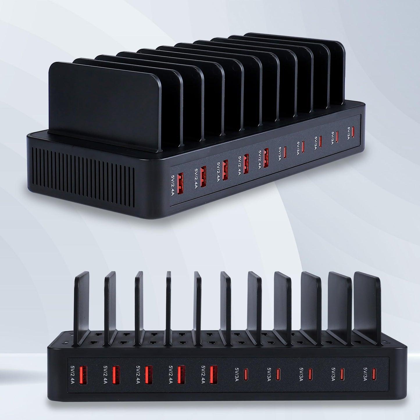 Haioulun 100W 10-Port Smart Charging Station | 5 USB-A & 5 USB-C Ports | Organized Design for Cellphones, Tablets, Watches & More (Black)