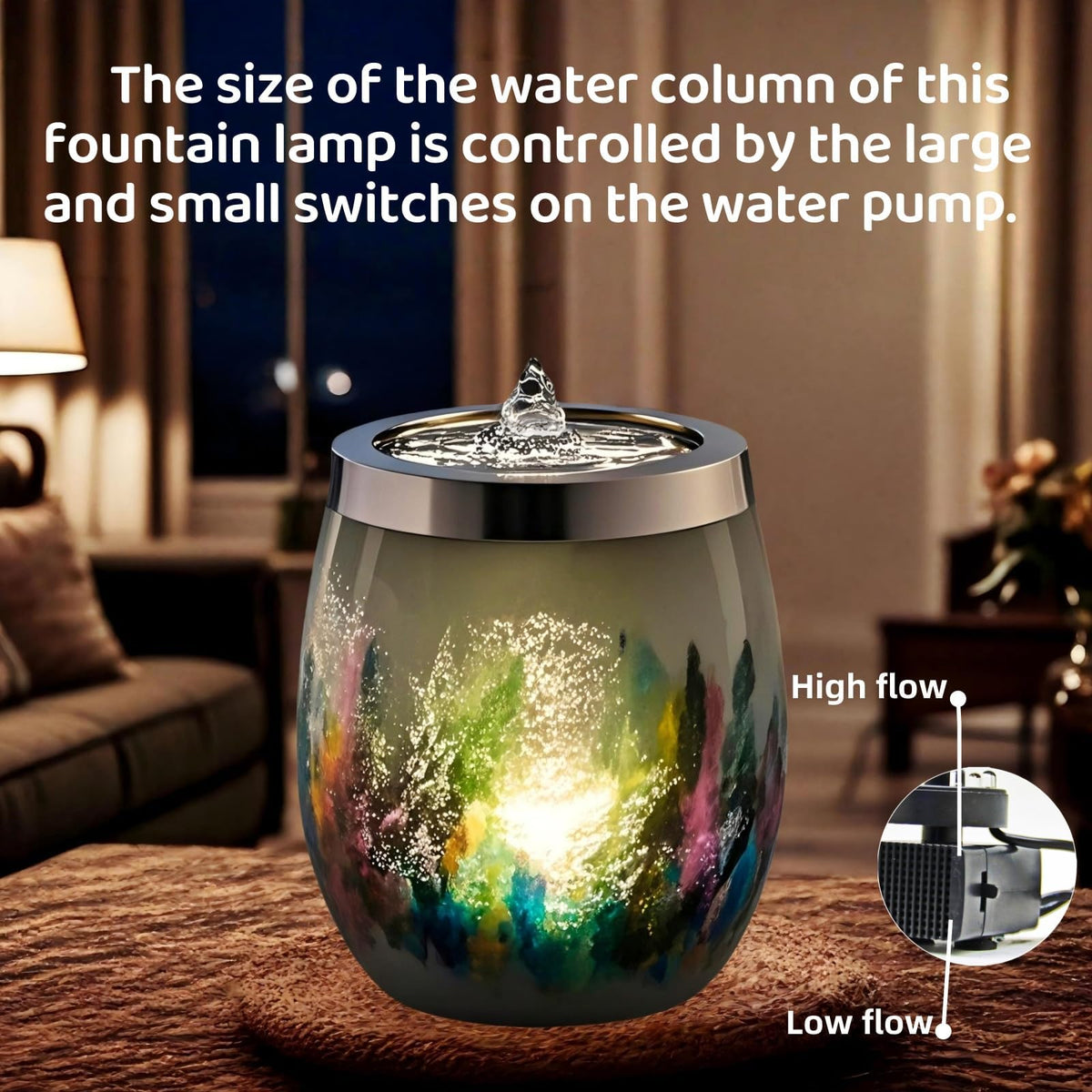 VOREEN Handblown Art Glass Tabletop Fountain, Quiet USB Desk Water Feature for Home & Office, Artisan-Made Landscape Glass Water Design with Soft White Ambient Glow, Collectible Décor Gift – Grey