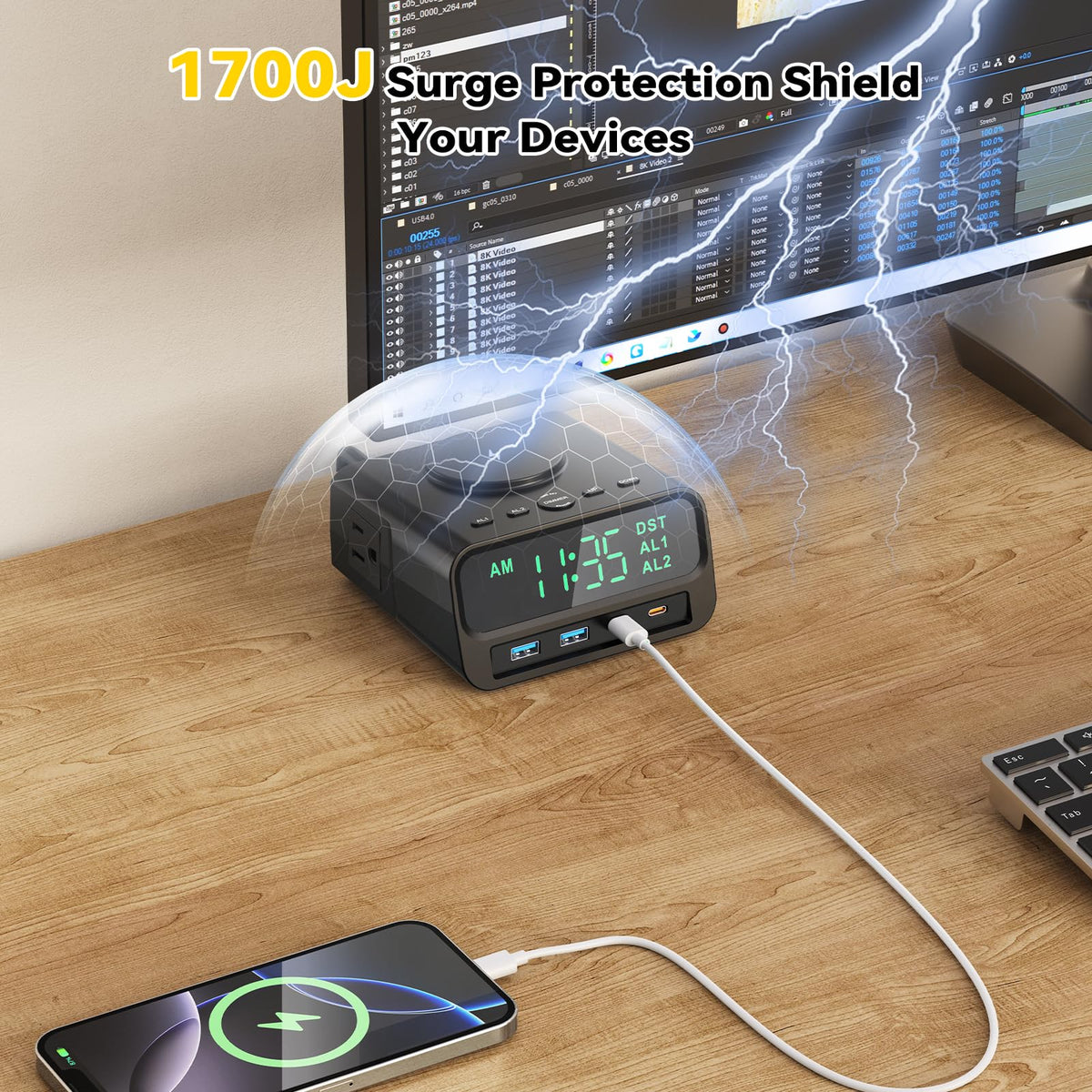Kungfuking Digital Alarm Clock with Magsafe Wireless Charging 15W for Bedroom, Nightstand Dorm Room Hotel Clock, 4 USB A&C 55W Fast Charging, 2 AC Outlets, Dual Alarm Clock, Snooze, Dimmable, DST