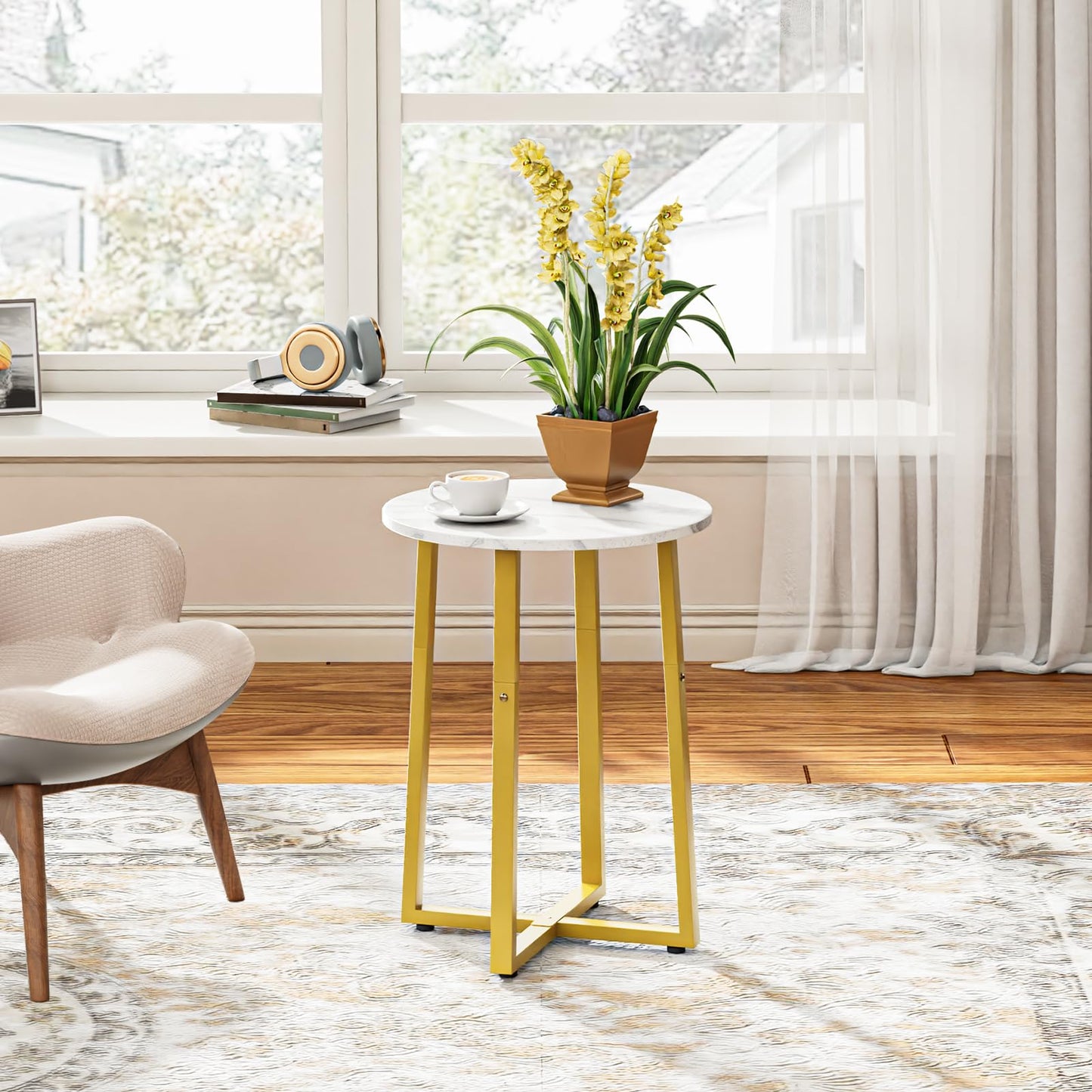 HOOBRO Side Table, Round End Accent Table with Sturdy Metal Pedestal, 15.7" Round Nightstand, for Living Room, Bedroom, Balcony, Office, Marble and Gold DM95BZ01