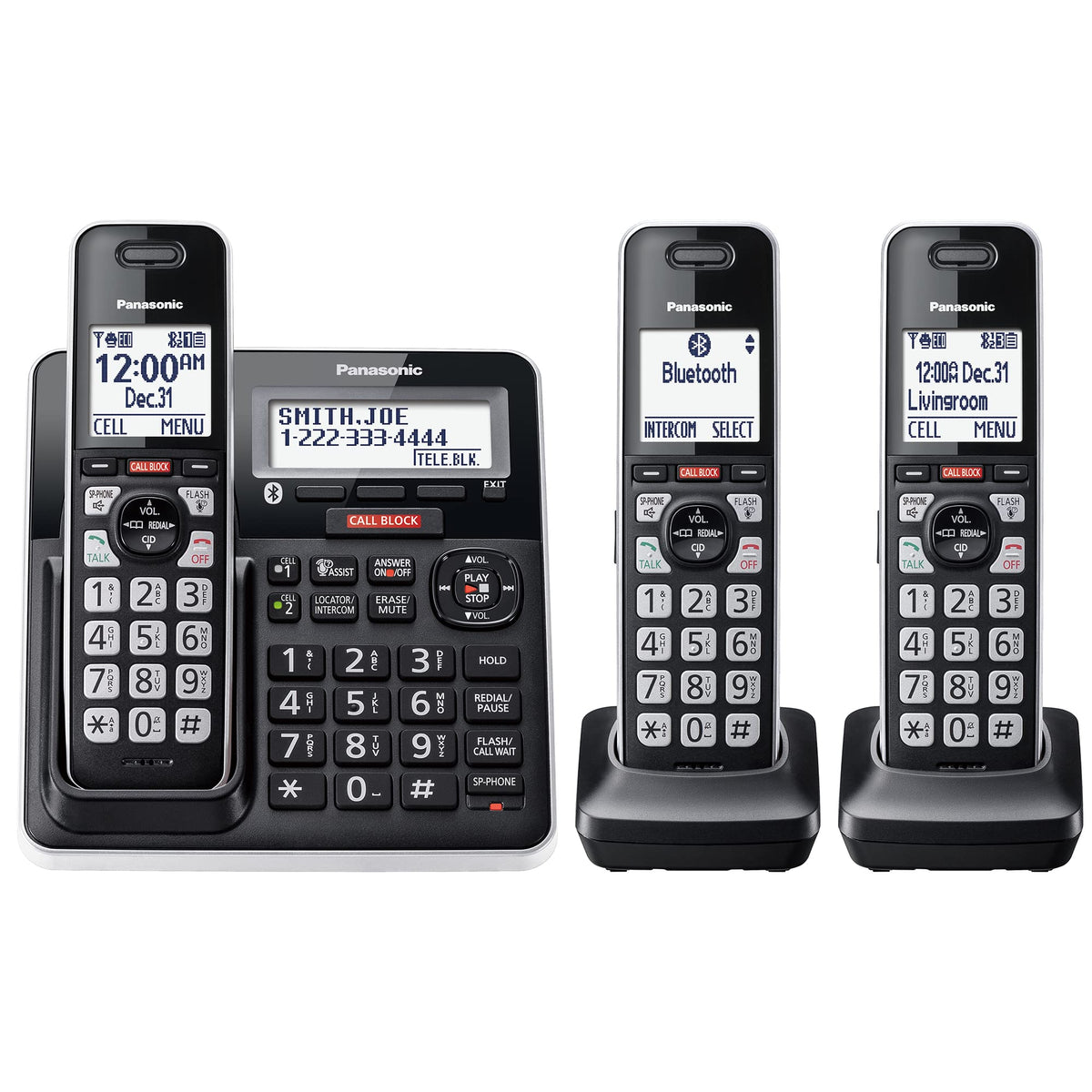 Panasonic Cordless Phone with Advanced Call Block, Link2Cell Bluetooth, One-Ring Scam Alert, and 2-Way Recording, Phone with Answering Machine, 3 Handsets - KX-TGF973B (Black/Silver Trim)