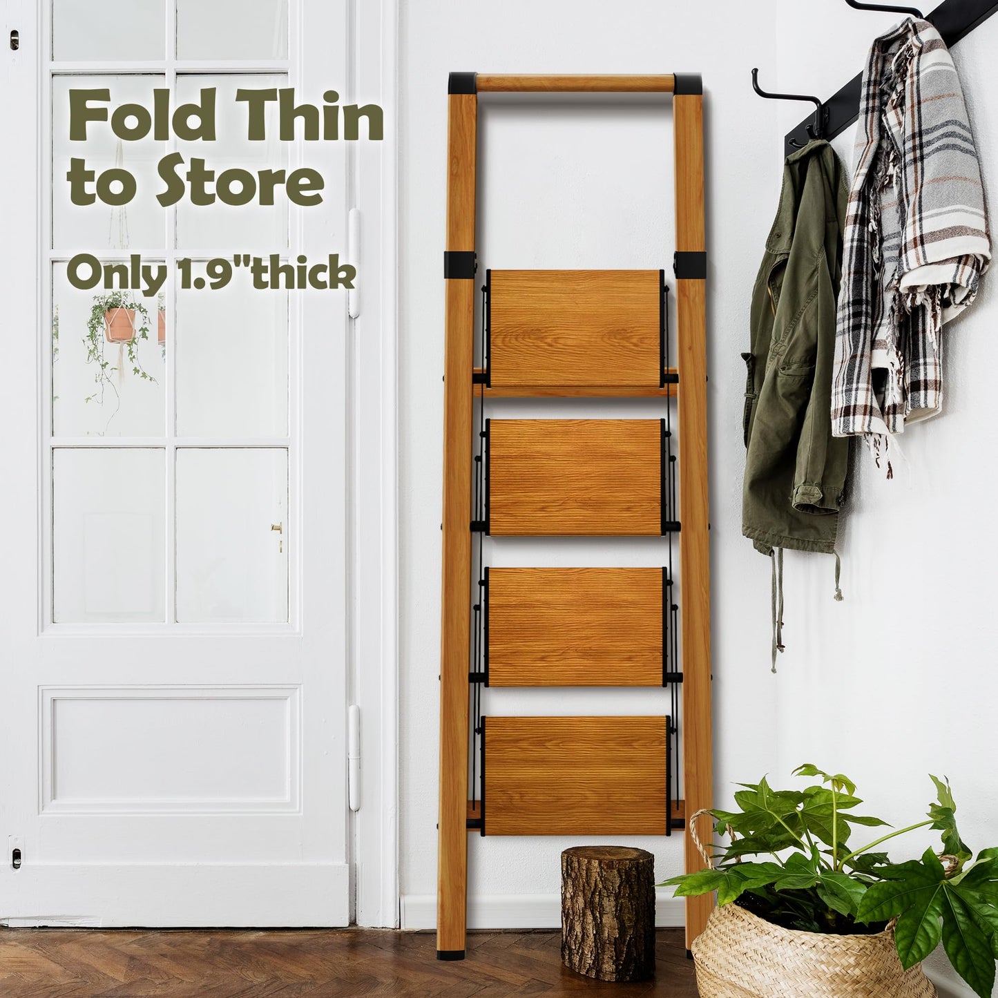 Taranta 4 Step Ladder, Portable Folding Ladder with Wide Pedal, Lightweight Aluminum Step Stool with Convenient Handgrip, 330 lbs Capacity Stepladder for Home, Office - Woodgrain