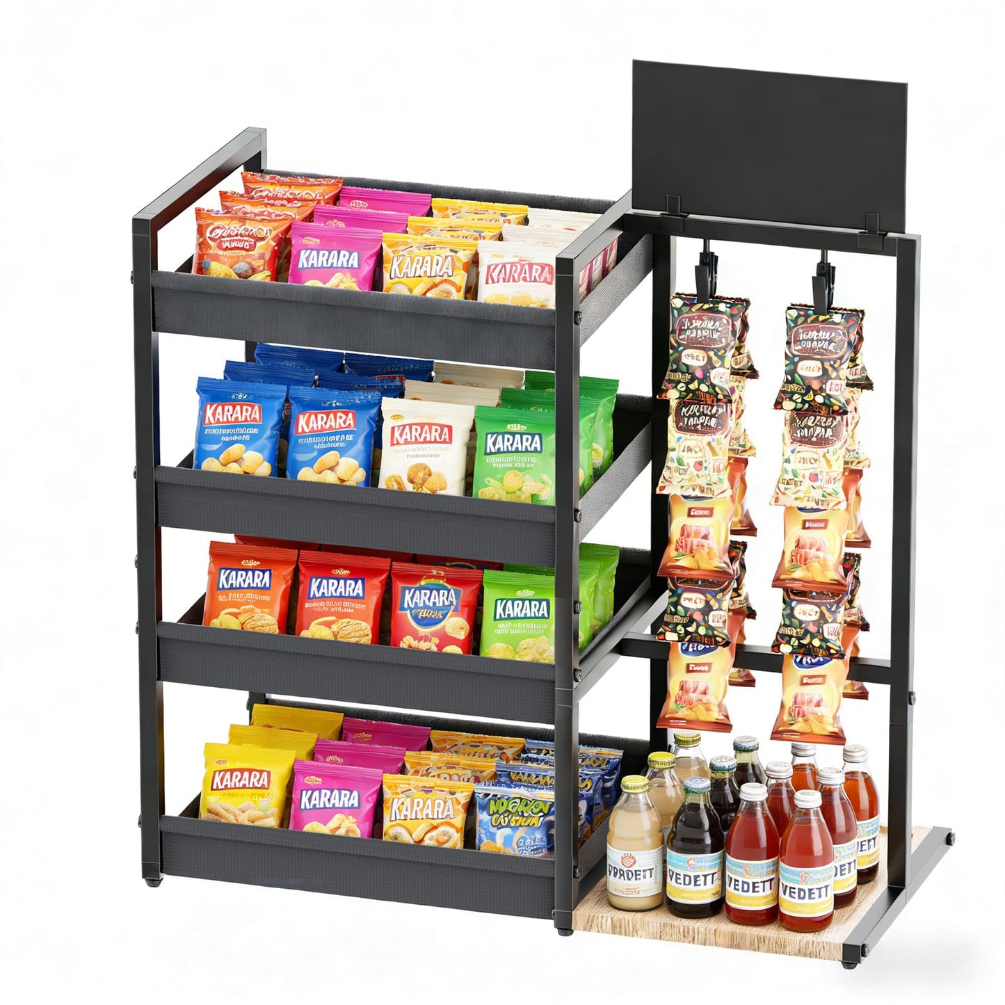 DEMEGA 4-Tier Snack Organizer with 20 Clips, Large Capacity Snack Rack with Message Board, Modern Industrial Snack Cart for Kitchen Office Store Party Countertop, Matte Black Metal & Oxford Fabric Snack Storage
