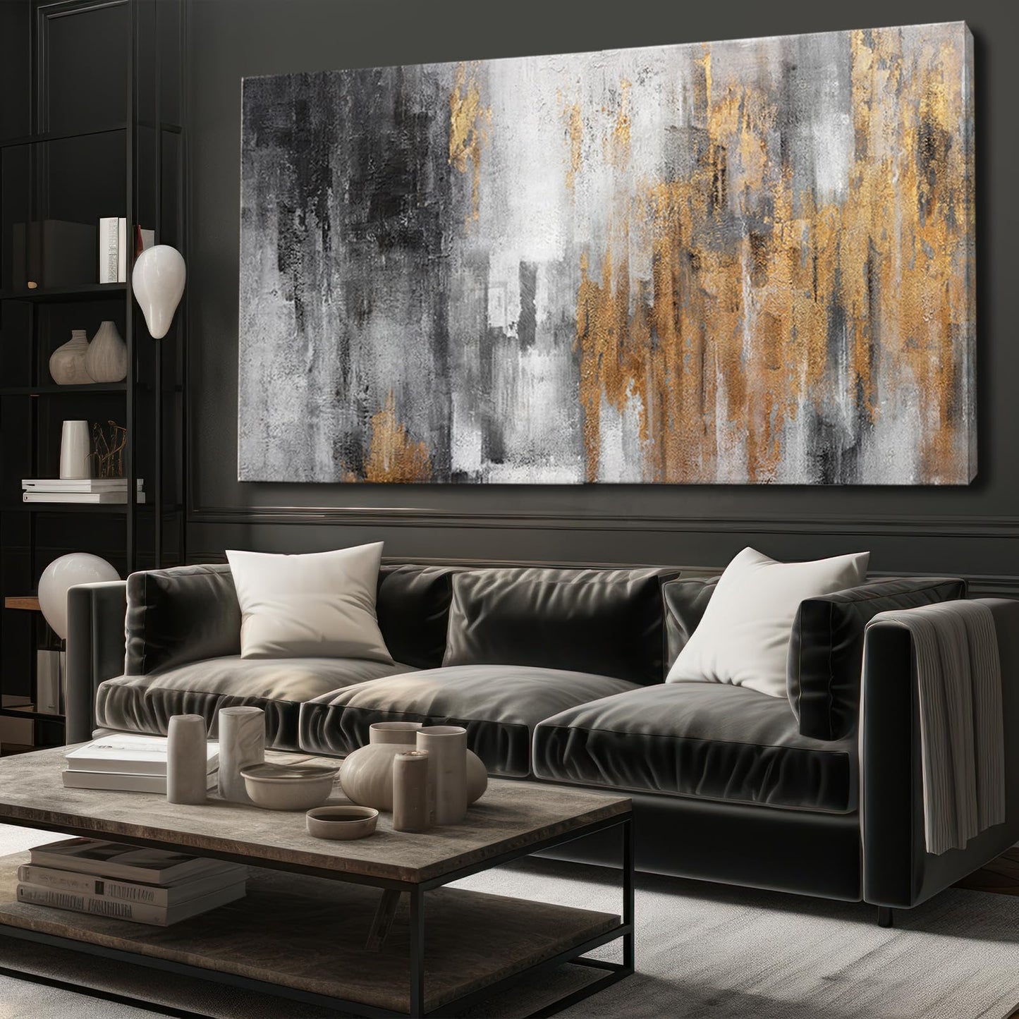 YJYart Abstract Canvas Wall Art with Gold Foil Modern Black Oil Paintings Graffiti Wall Art for Living Room Bedroom Kitchen Office Wall Decorations 30" x 60"