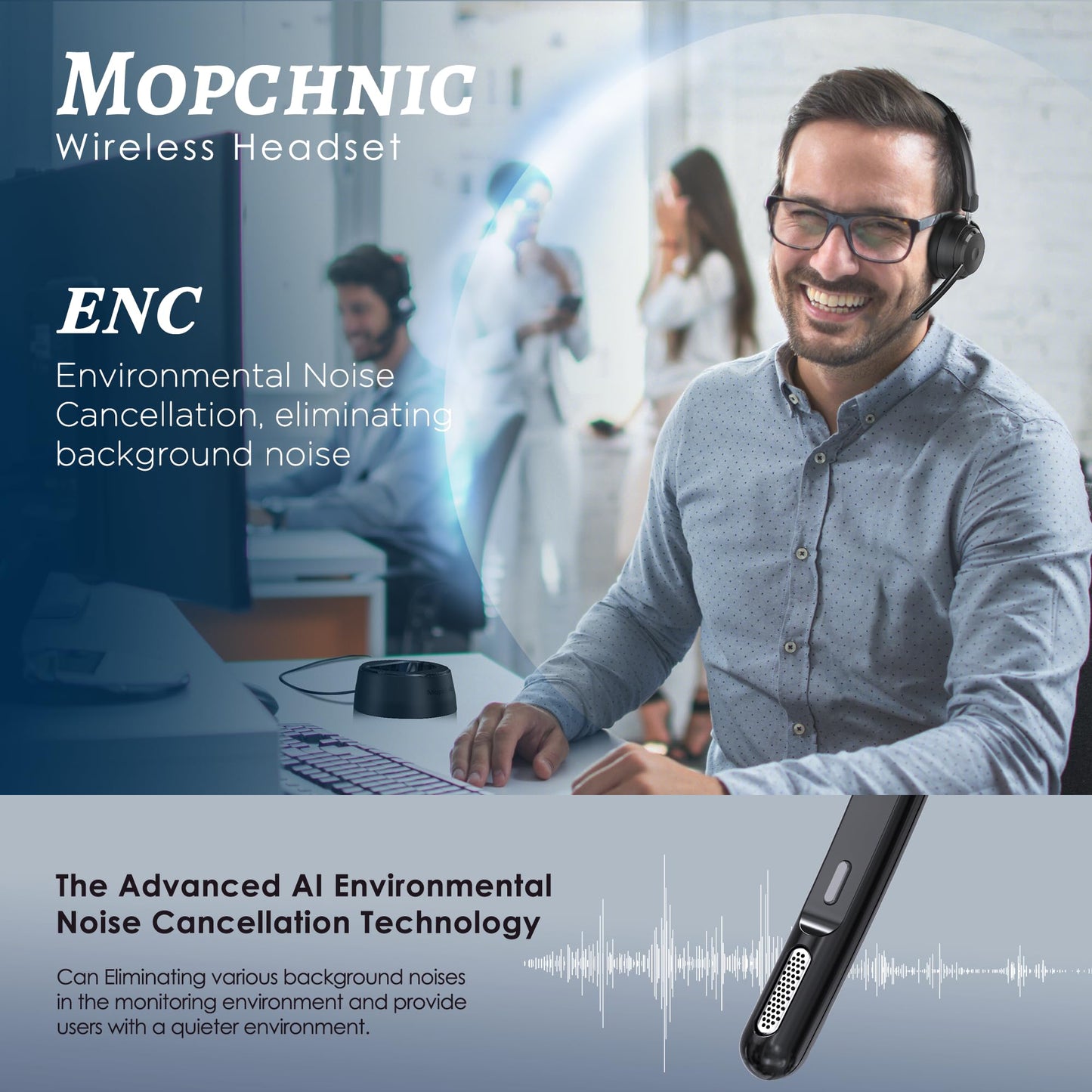 Mopchnic Bluetooth Headset, Wireless Headphone with AI Noise-Canceling Microphone On Ear Wireless Headset with USB Dongle for Computer Office