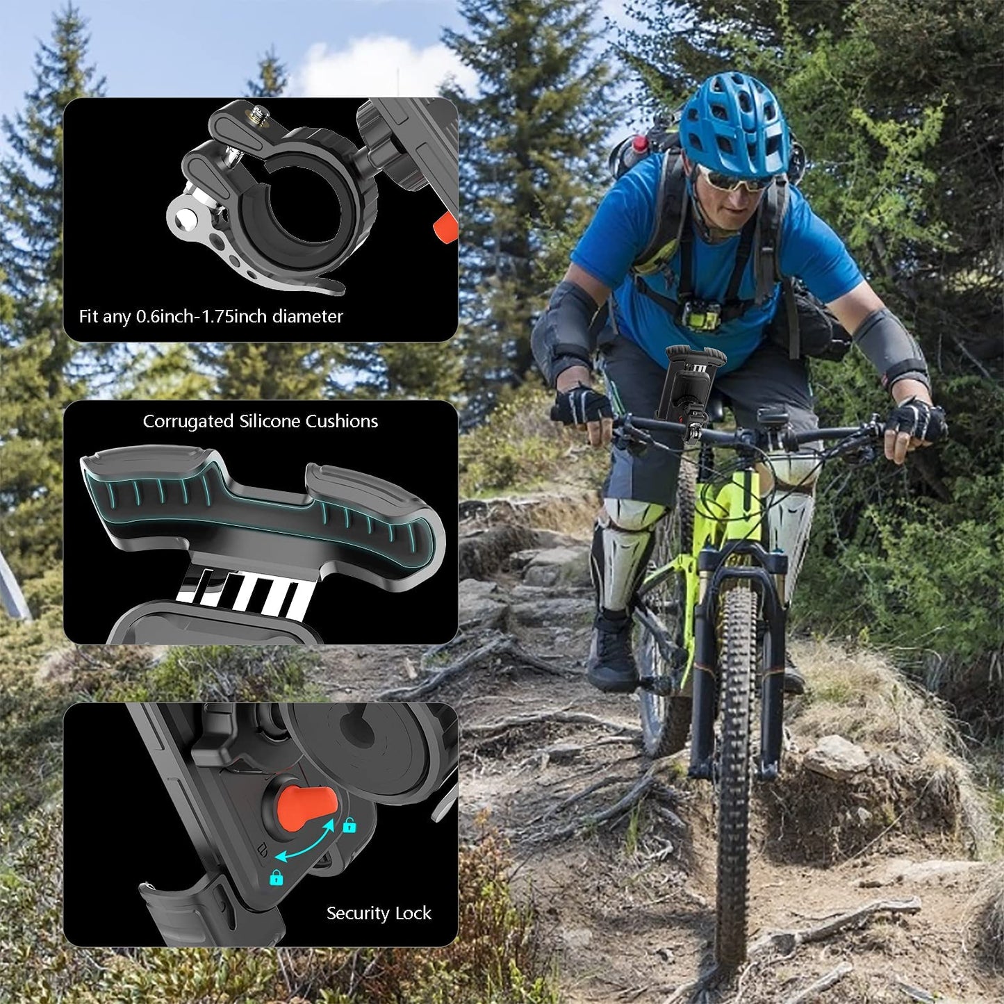 Marspeeder Bike Phone Holder Mount, [Super Stable Metal] Motorcycle Phone Mount with Security Lock, Bicycle Phone Holder Handlebar with Soft Cushion & Adjustable Clip Compatible with 4.7''-6.8'' Phone