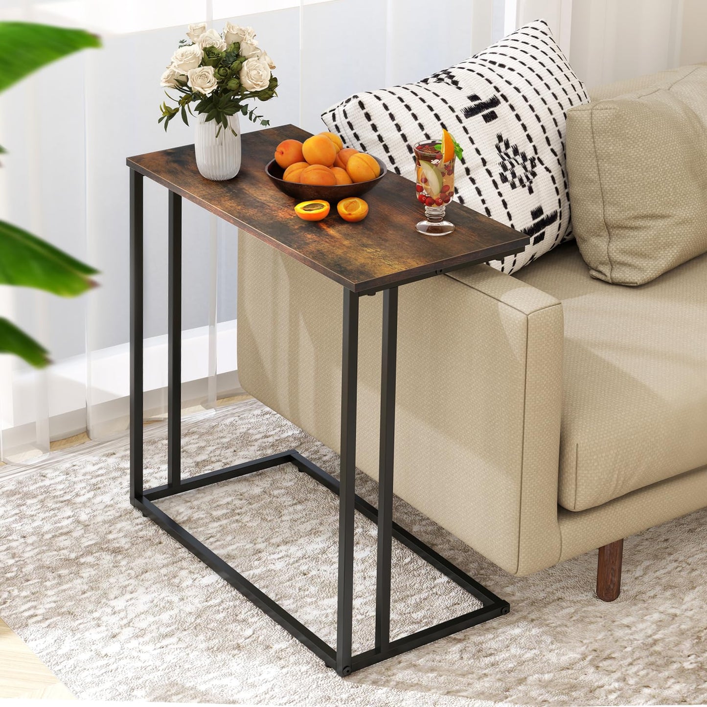CAMOAT C-Shaped Side Table, Modern End Table with Metal Frame, Space Saving Design for Living Room，Large Surface Couch Table for Bedroom, and Home Office，24 x 12 x 24 inches (Brown)