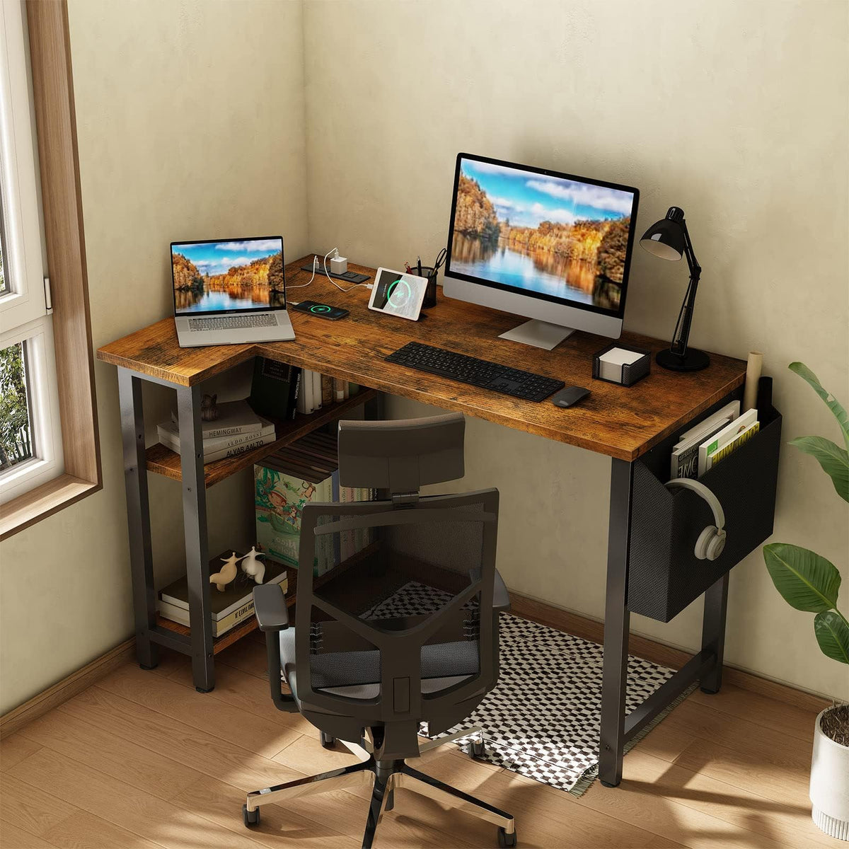 Lufeiya Small L Shaped Desk with Power Outlet Shelves, 40 Inch Reversible Corner Desk for Small Space Home Office, L-Shaped Computer Desk PC Desks with Charging Station, Rustic Brown