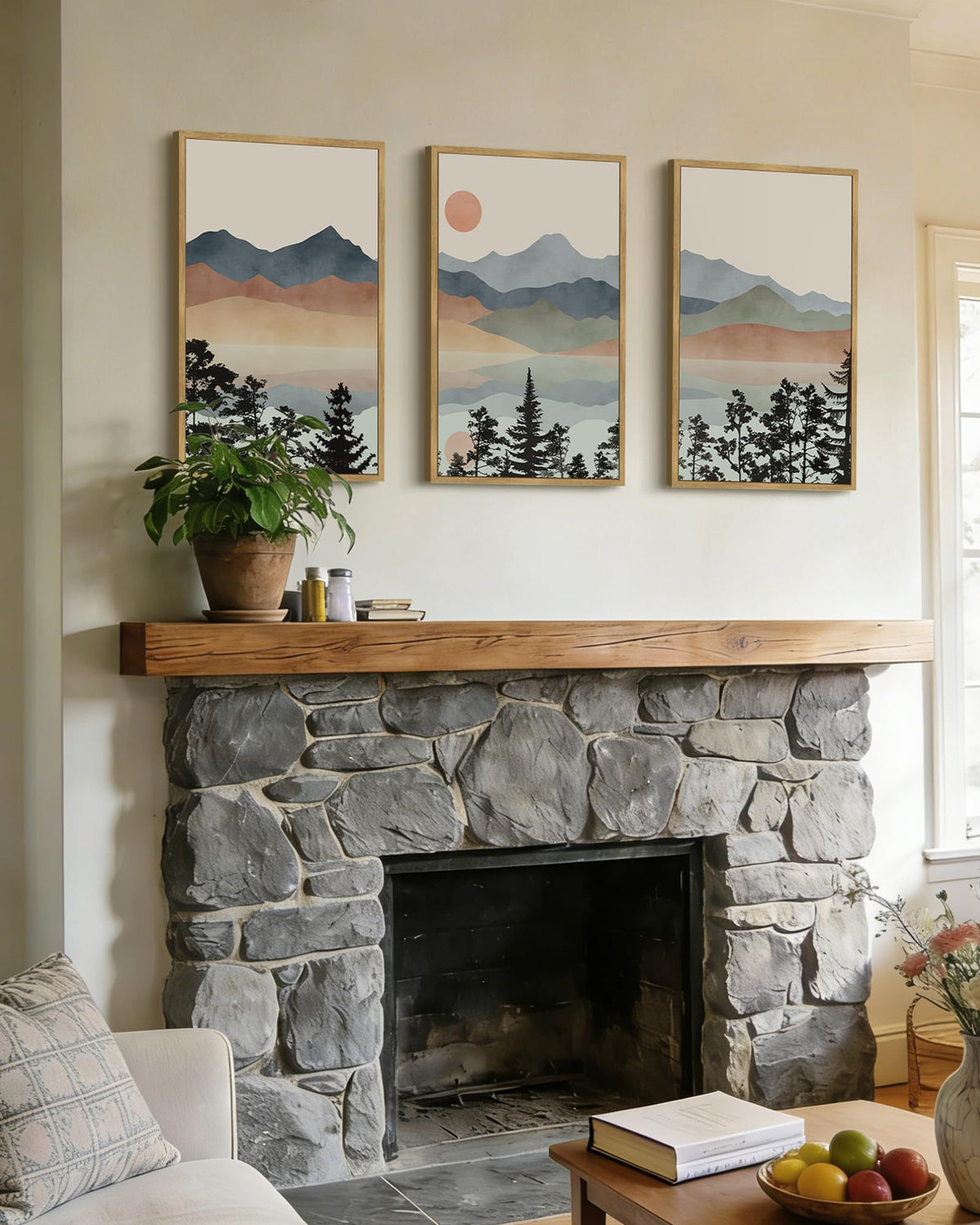 Drsoum Mountain Range Landscape Wall Art Framed Ink Wash Watercolor Nature Wall Decor Laker Sun Rises Prints Bedroom Living Room Ready to Hang 16x24in Natural Framed