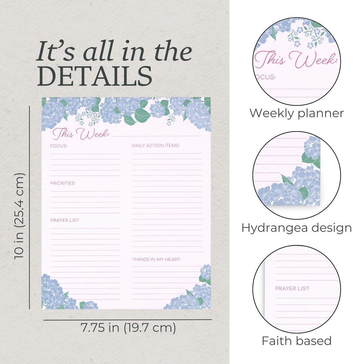 Steel Mill & Co 10" x 7.75" Planner Notepad, Faith-Based Undated Weekly Planner with 52 Sheets, Guided Prompts for Focus, Priorities, Prayers & Daily Actions, Desk Pad Organizer for Women (Blue Hydrangeas)