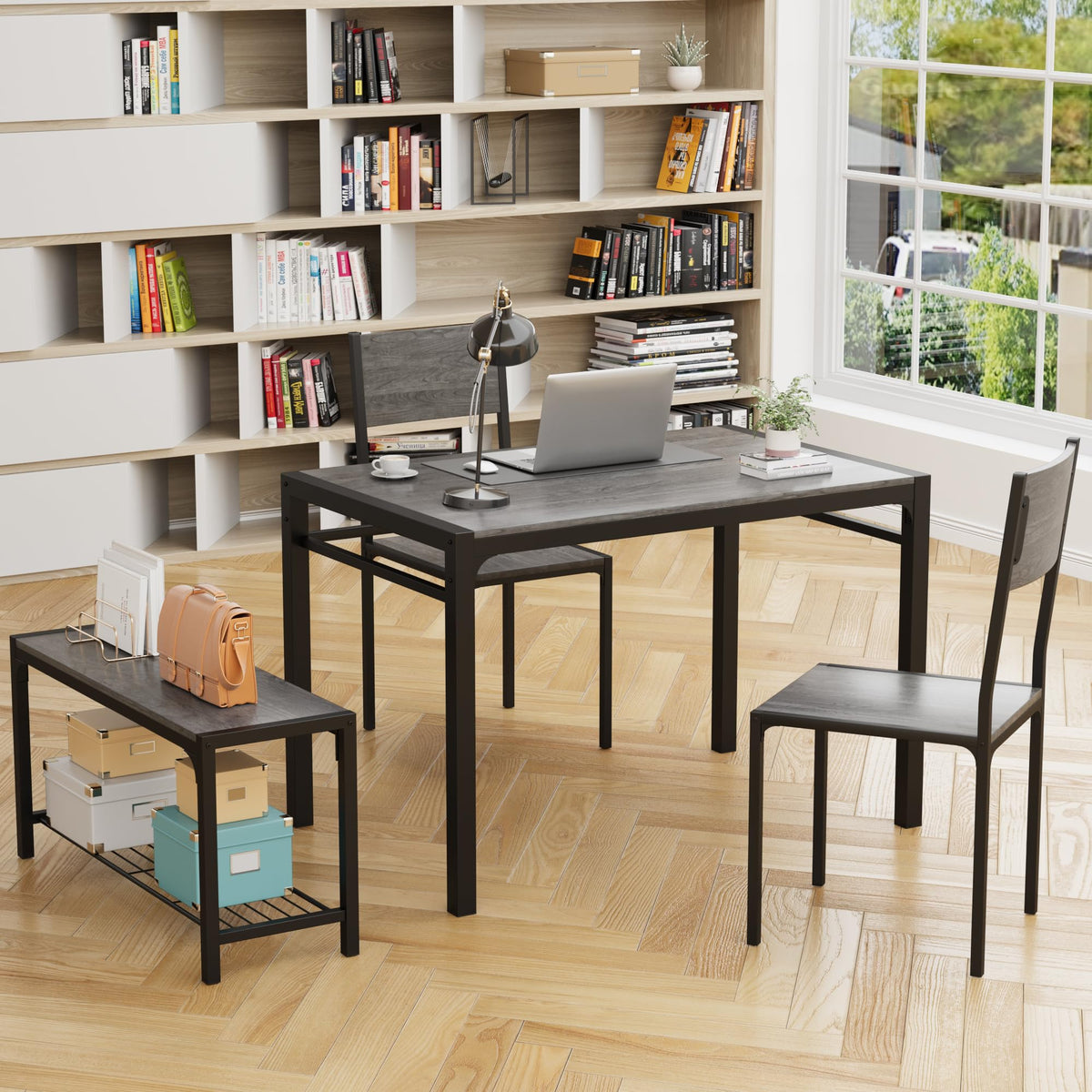 JUMMICO 43.3" Dining Table Set for 4, Kitchen Table with Bench & 2 Chairs Modern Rectangular Metal Frame Dining Furniture Set for Small Space (Grey)