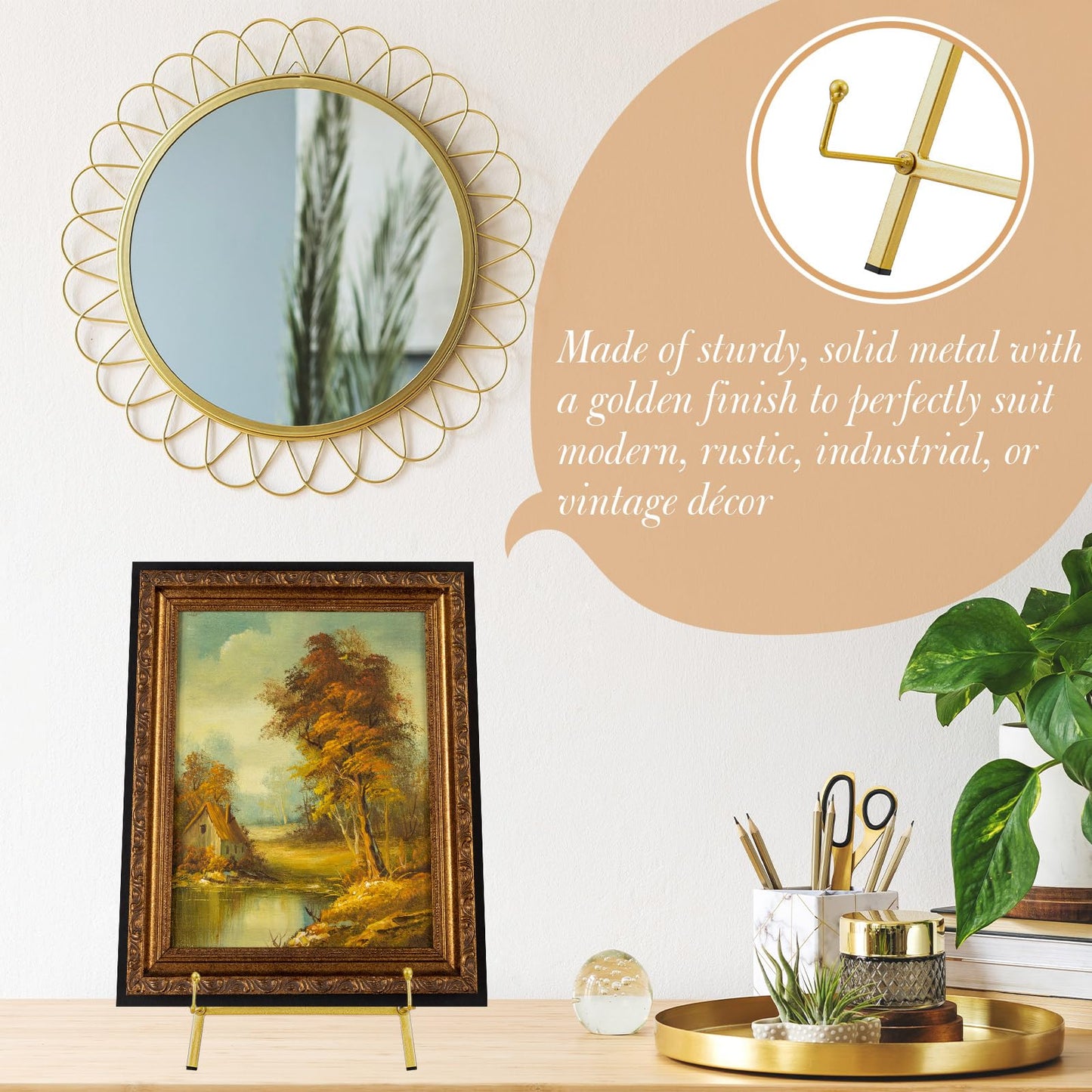 Leinuosen Metal Easel Stand 16.5" H x 8.7" W x 4.3" D Table Top Easel Stand for Display Tripod Art Picture Mirror Modern Plate Holder for Display Book Photo Wedding Sign(Gold,1 Pcs)