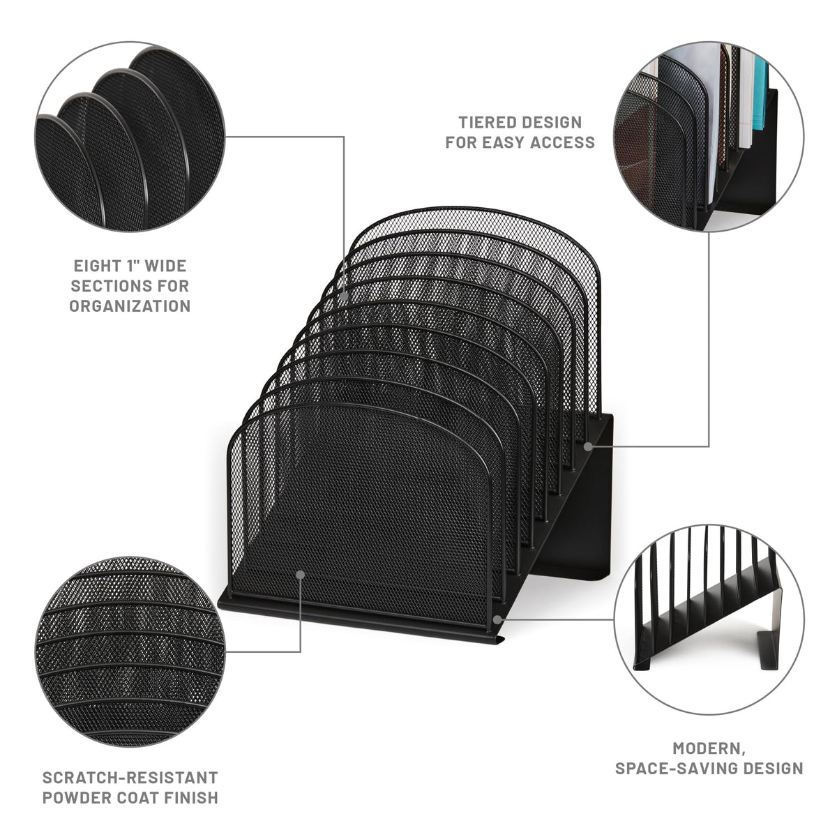 Safco Onyx Desk Organizer, 8 Tiered Vertical Compartments, Office and Classroom Mailbox , Paper and Mail Sorter, Steel Mesh, Black
