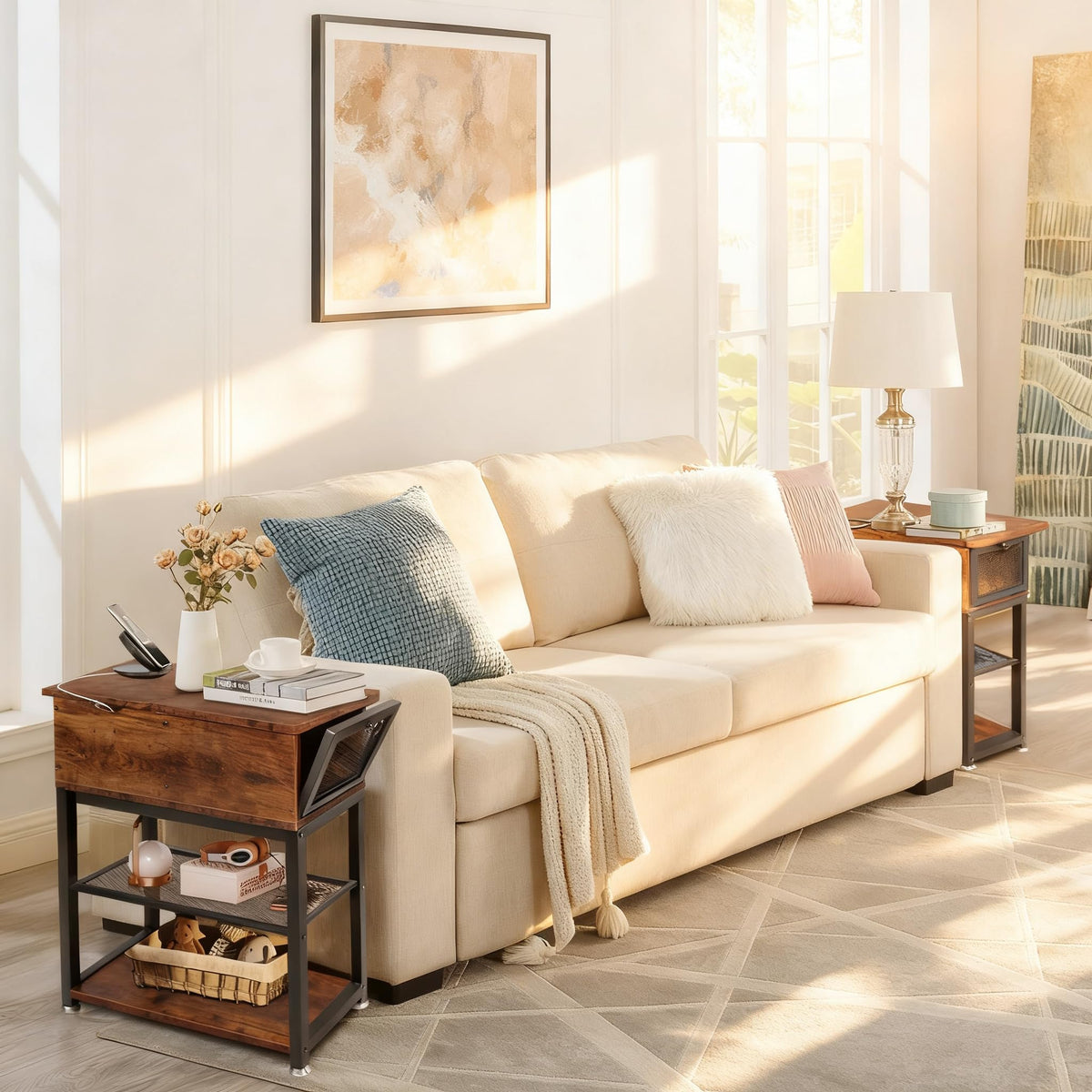 End Tables for Living Room, 28 inch Tall Side Table, End Tables with USB Ports and Outlets, 8.4" Super Deep Drawer, Flip Top End Table with Charging Station, Sturdy Steel X-Shaped Frame, Holds 216lbs