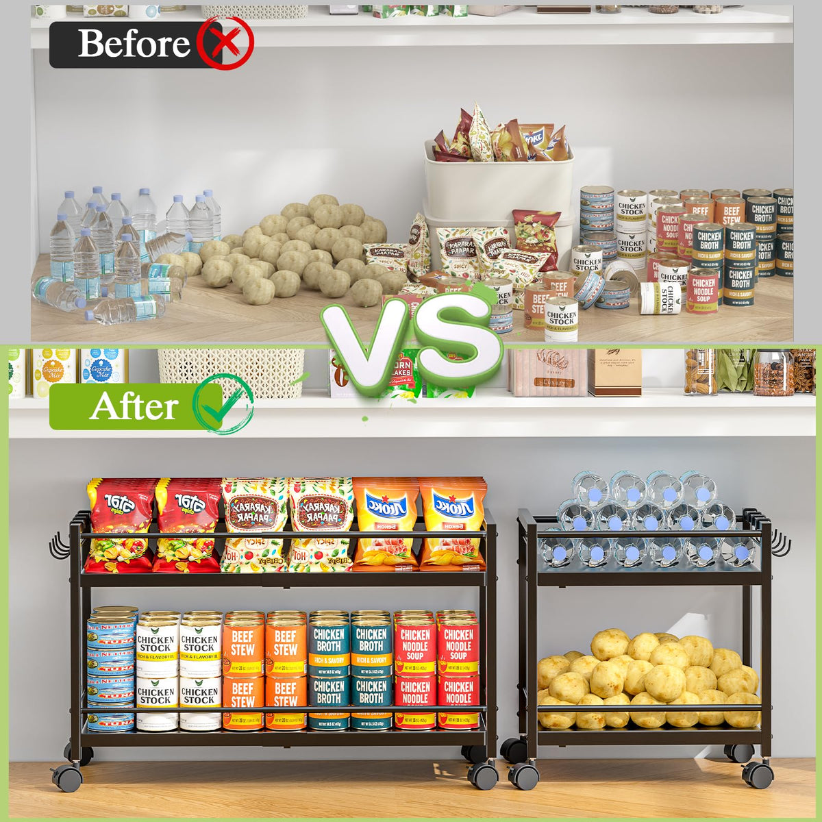 1 Pack 2-Tier Expandable Pantry Floor Organizer Cart, Rolling Pantry Storage Cart with Wheel, Adjustable Can Organizer for Kitchen Pantry, Pantry Shelves and Storage Rack for Snacks, Vegetables, Black