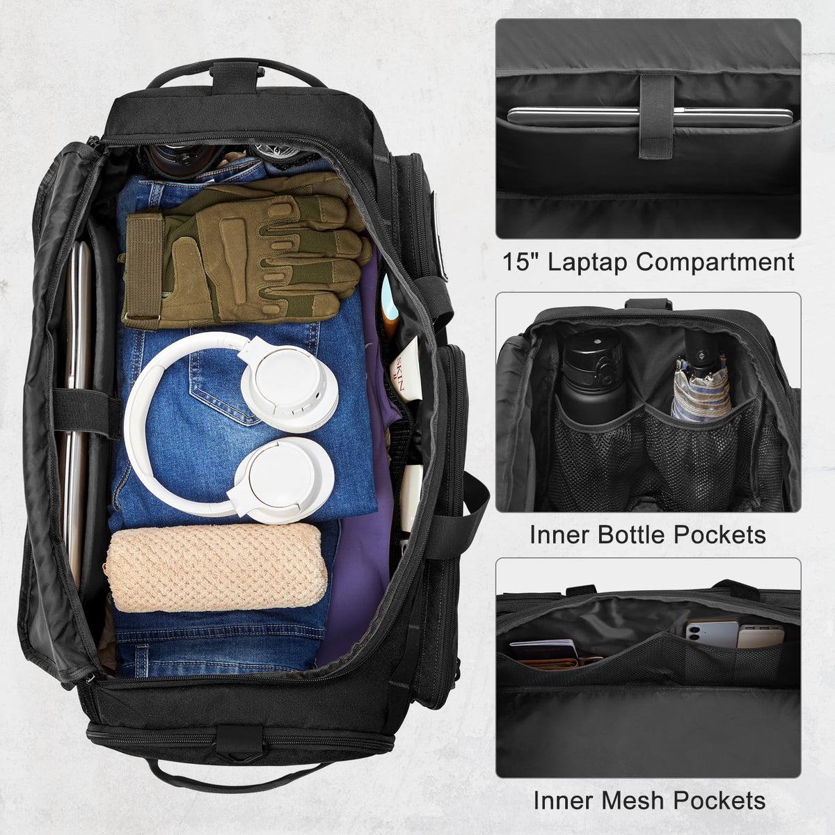 G4Free 3-in-1 Travel Duffle Bag for Men and Women, 50L Large Gym Sports Bags Tactical Military Duffle Backpack with Shoes Compartment and Wet Pocket (Black)