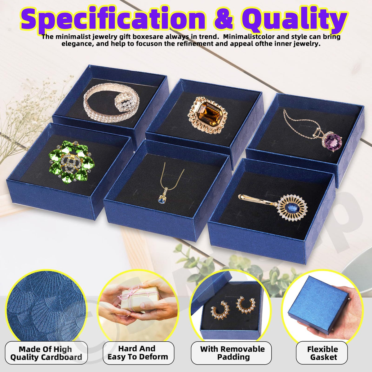 Swpeet 12Pcs Royal Blue 3.5×3.5×1 Inch Cardboard Jewelry Gift Boxes with Scissors and Polyester Ribbon, Necklace Earring Bracelet Boxes Gift Case Ideal for Jewelry Storage Packaging Display