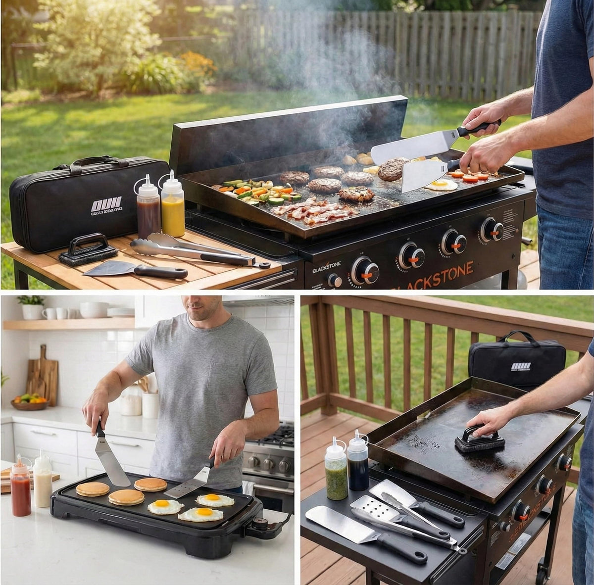 OUII Flat Top Griddle Accessories for Blackstone and Camp Chef Griddle - 9 Pieces Set with Griddle Cleaning Kit and Carry Bag! Metal Spatula, Scraper for Hibachi and Teppanyaki Grill