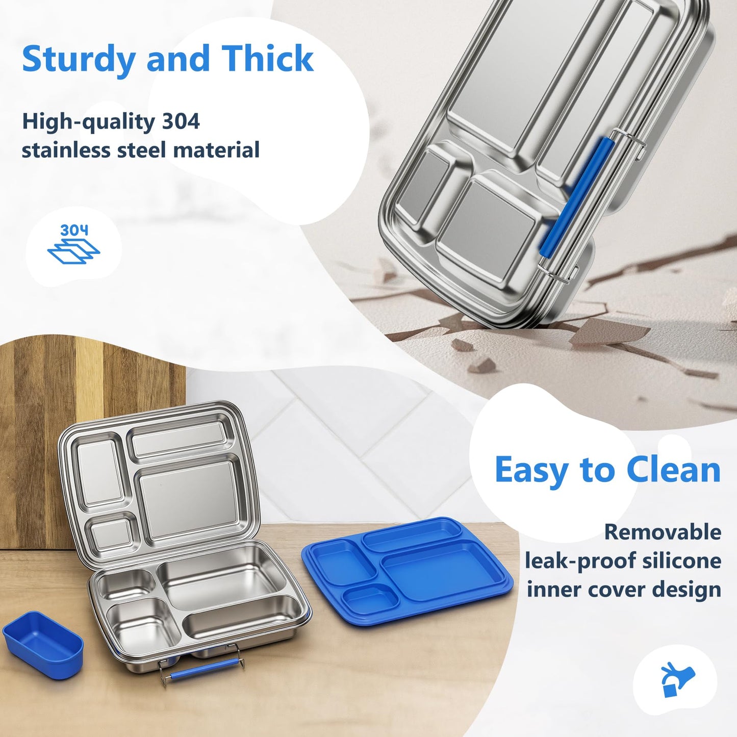 Zeekala Stainless Steel Bento Lunch Box for Kids & Adults, 4 Compartment Kids Lunch Box, Metal Bento Box with Silicone Container and Stainless Steel Sauce Container,BPA-Free,School,Office(Blue)