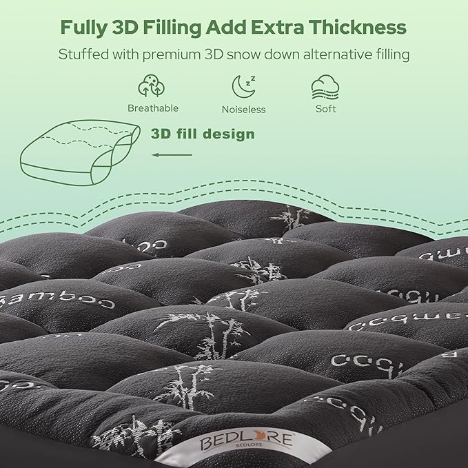 BEDLORE King Mattress Topper Viscose Derived from Bamboo, Thick Pillow Top