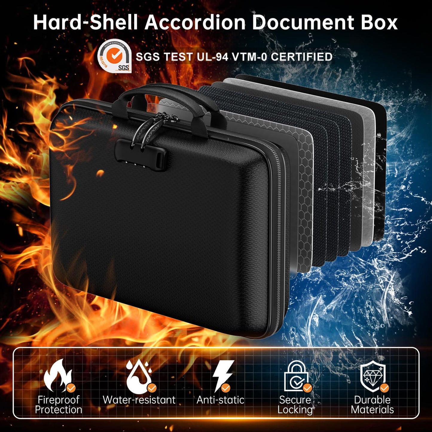 ENGPOW Fireproof Document Box with Lock, Hard Case Fire & Water Resistant File Organizer with 25-Pocket Accordion File Folder, Portable Home Office Safe Storage for Important Documents Laptop Black