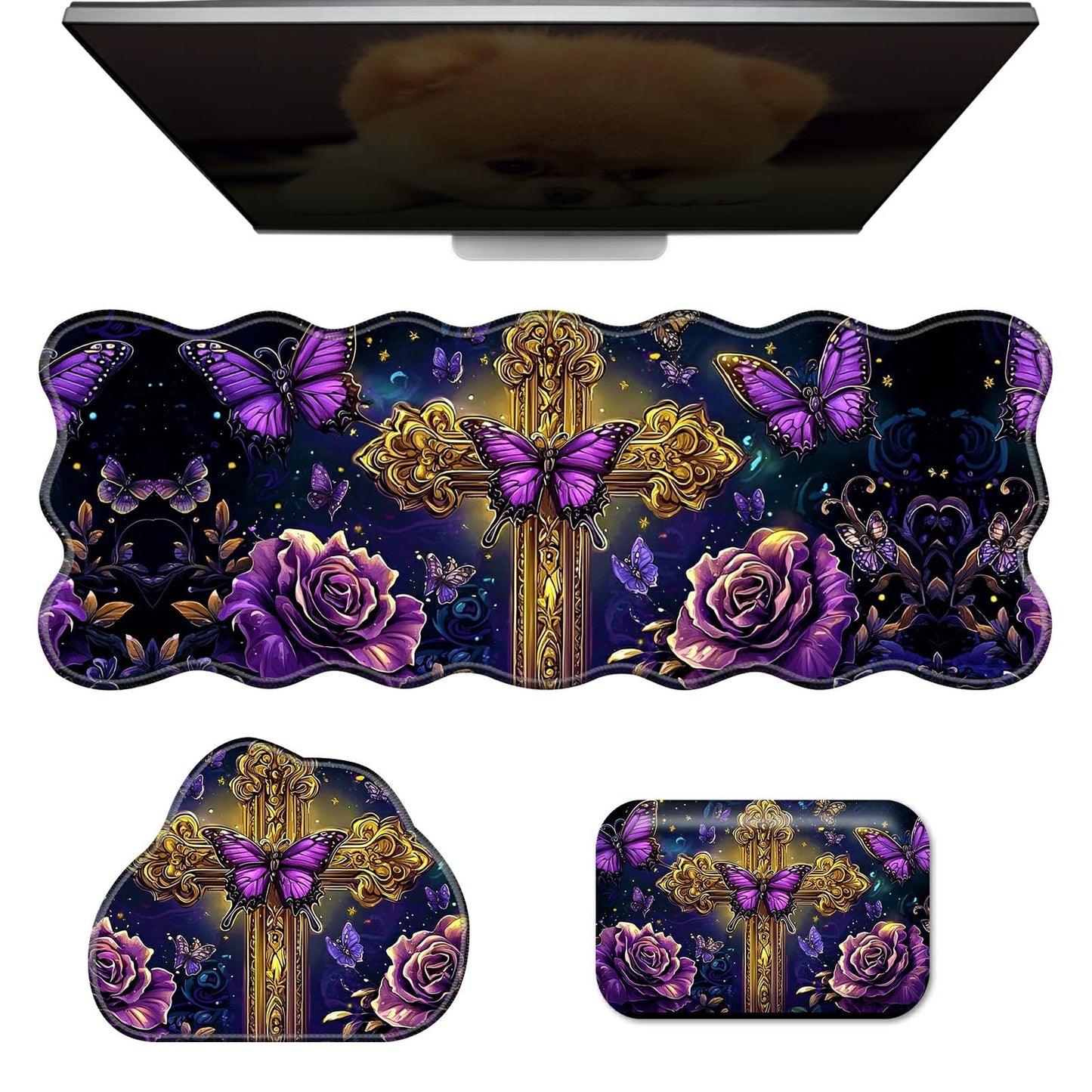 RWUTYTIUL 3-Piece Ergonomic Desk Mat & Cloud Wrist Rest Set, Large 31.5" x 11.8" Wave Office Desk Pad with Memory Foam Support Non-Slip Computer Protector for Home, Gaming, Purple Butterfly Cross