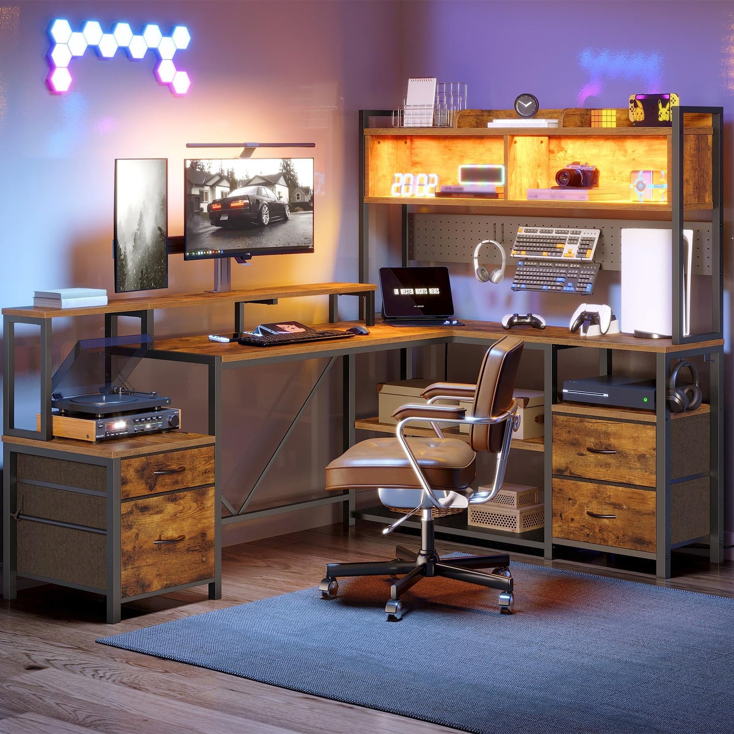 RALGEND 75" L Shaped Gaming Desk with Hutch, L Shaped Desk with Drawers, LED Light, Power Outlets & Pegboard, Corner Desk with Storage Shelves & Monitor Stand for Home Office, Rustic Brown and Black