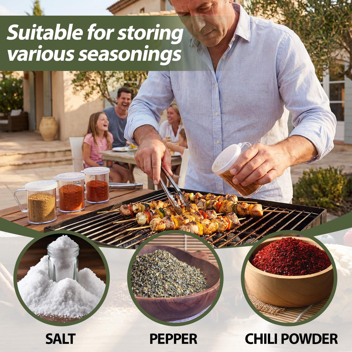 Domensi 4 Pcs Salt Pepper Dredge Shakers Powdered Sugar Shaker Duster with Handle Seasoning Spice Shakers for Lunch Box Restaurant Travel Camping BBQ Picnic Home(10oz with Handle,Plastic)