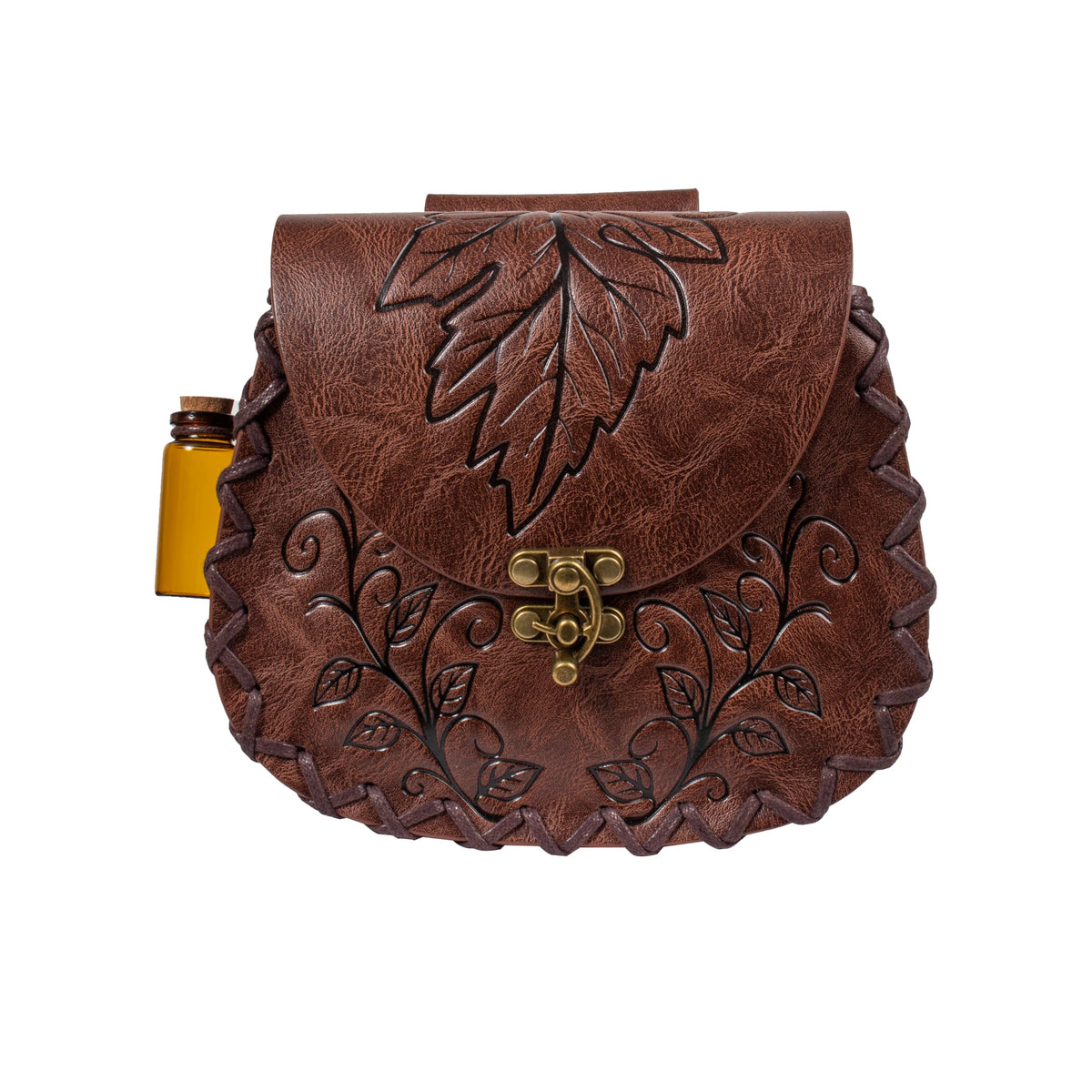 Retro Belt Pouch Medieval Retro Faux Leather Renaissance Costume Forest Elf Leaf Belt Bag Ren Faire Casual Waist Bag (Brown)