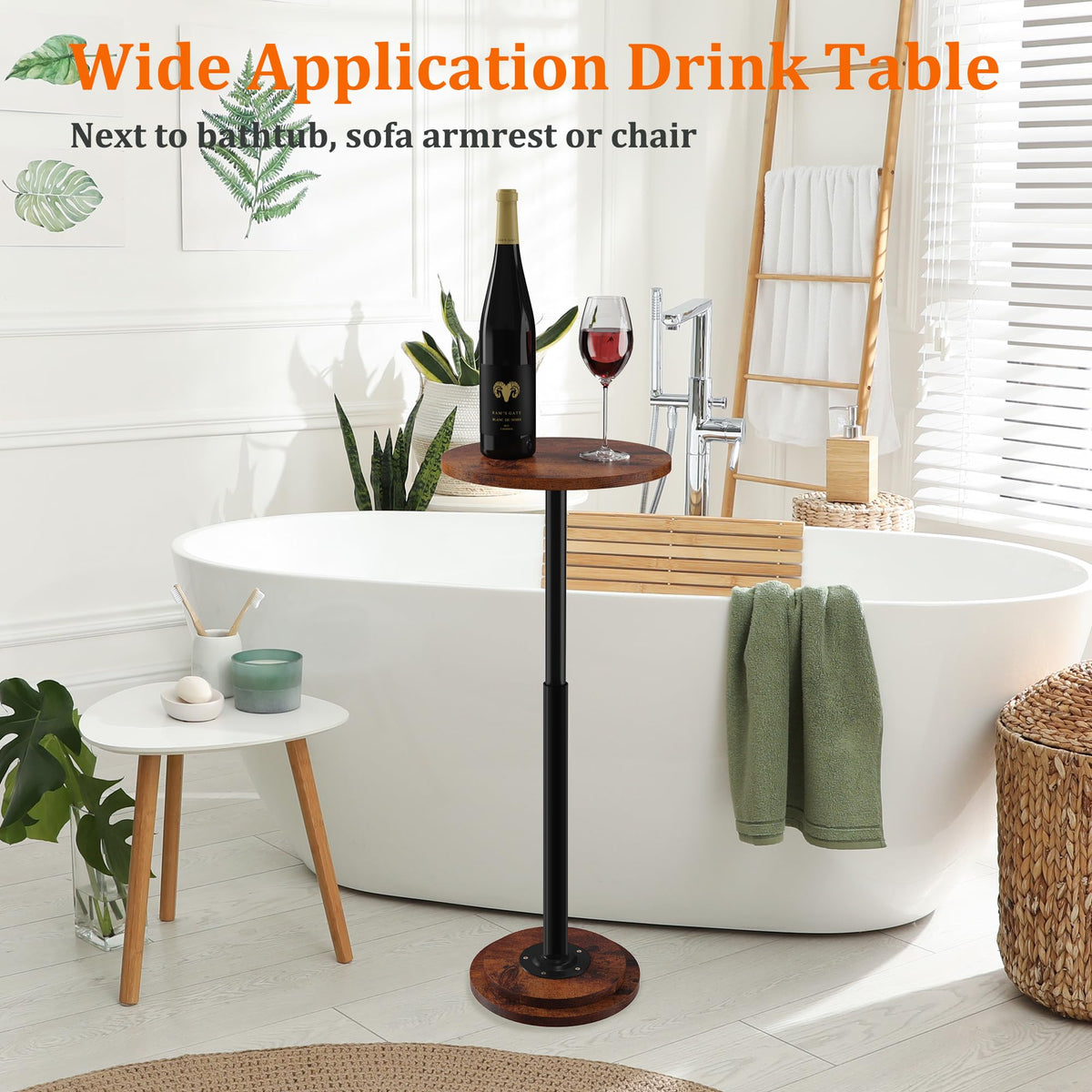 Jchccu Drink Table, Small Side Table with Adjustable Height & Heavy-Duty Design, Pedestal Martini Tables for Small Spaces, Sofa Couch, Living Room, Bedroom, Supports up to 88 lbs, Rustic Brown