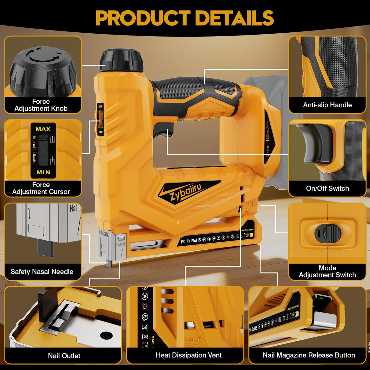 Zybaiiru 3-In-1 Cordless Nail Gun - Compatible with DEWALT 20V Battery - 18 GA Electric Brad Nailer with 1000 x 18GA Nails & 1000 x T50 Staples & 1000 x 1014J Staples for Wood & Home DIY (No Battery)