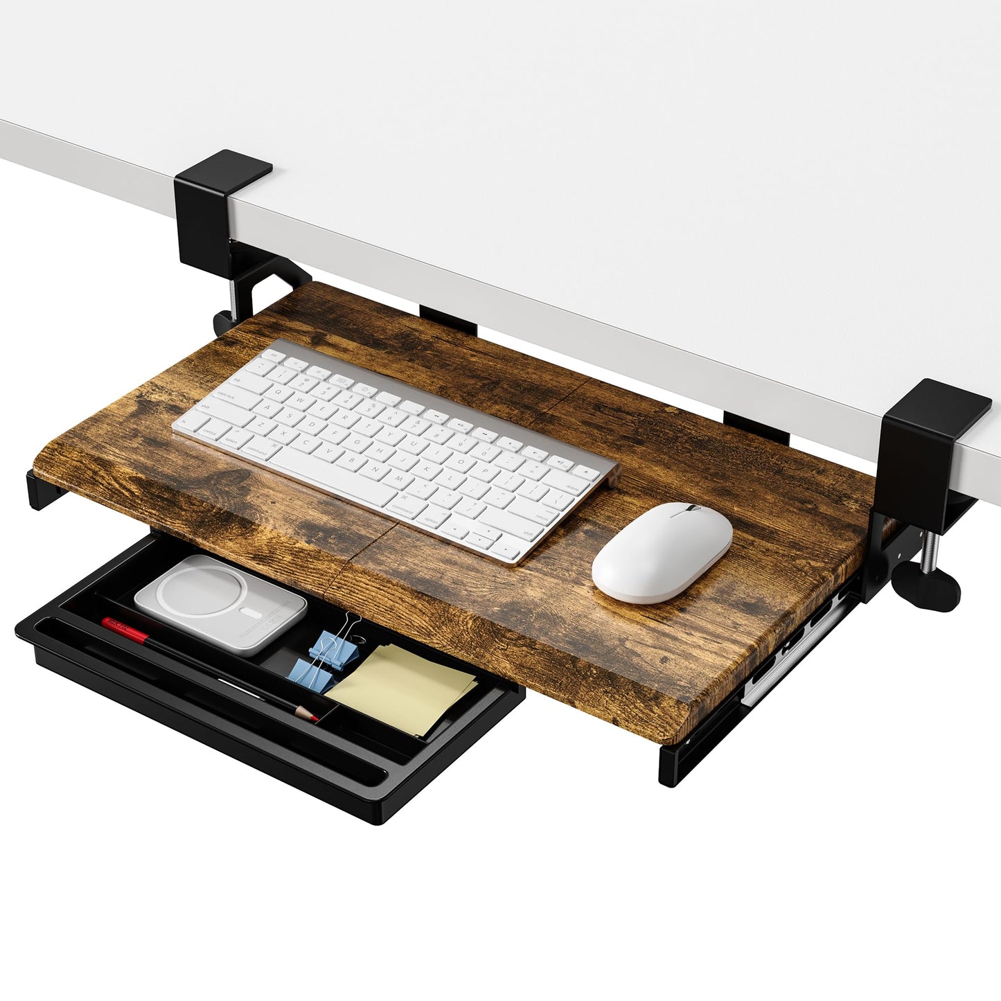 ETHU Keyboard Tray Under Desk, 19.7" X 12.2" Small Size C Clamp Keyboard Drawer Under Desk, Computer Keyboard Stand Slide Pull Out, Ergonomic Keyboard Tray for Home, Office (Wood)