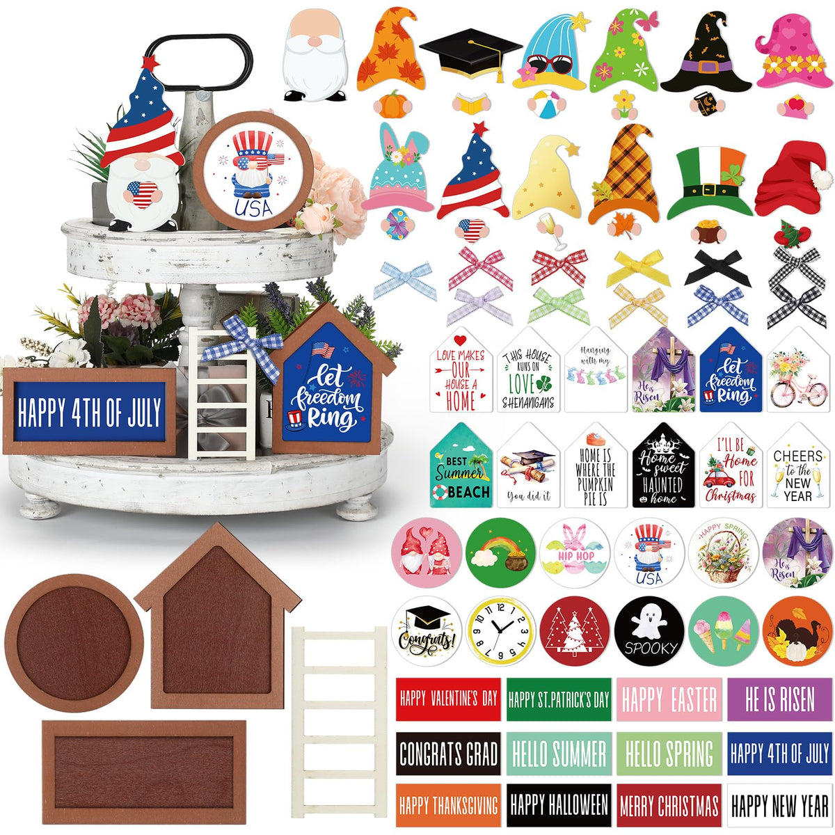 Lineshading 65 Pcs Interchangeable Seasonal Tiered Tray Decor Set Patriotic Farmhouse Summer Tiered Decorations Holiday Rustic Wooden Frames Arch Ladders Cards Bow Knot for Home Kitchen Table Decor
