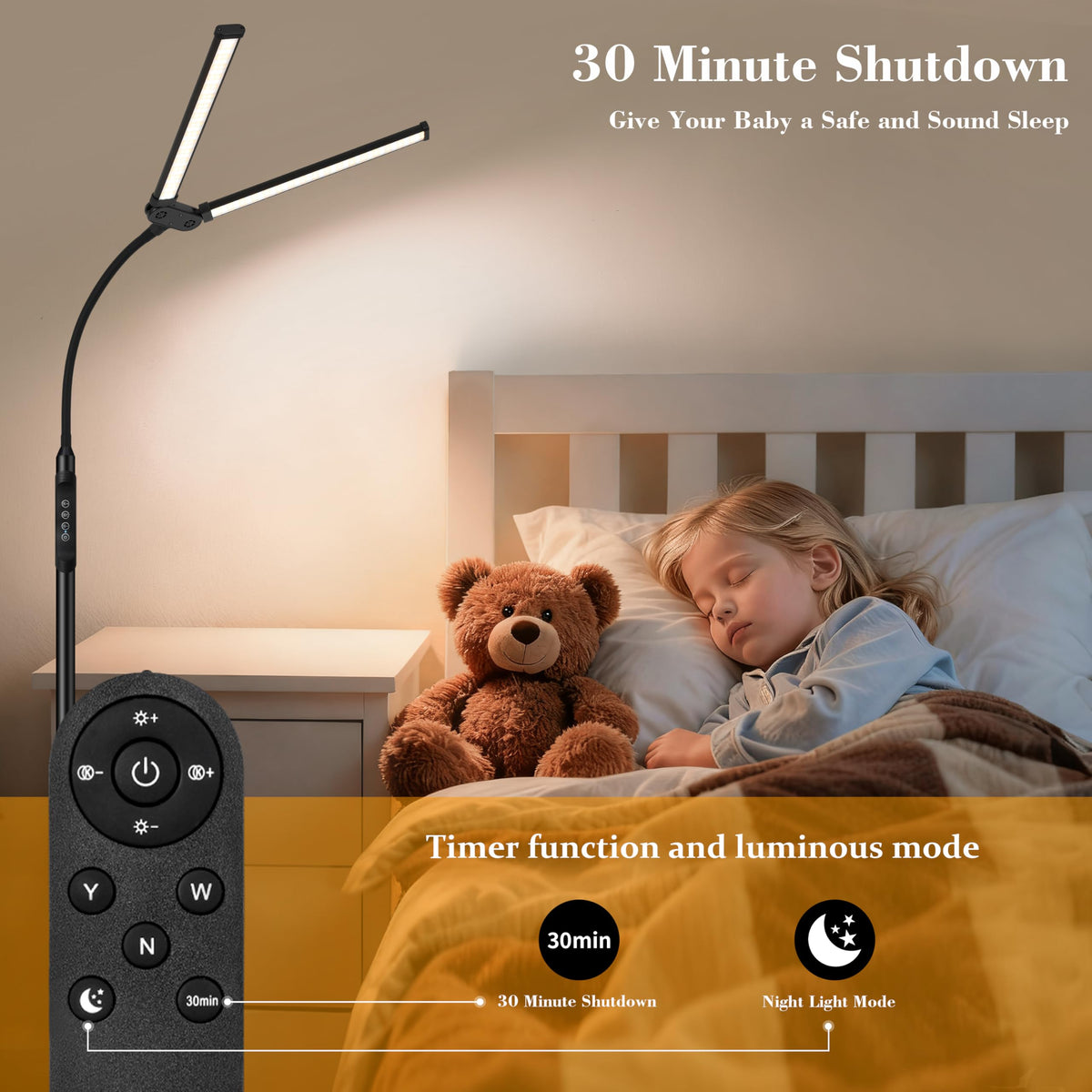JhauvMw Dual Head LED Floor Lamp 18W, 3 Color Modes 10 Brightness, Pole Controller & Magnetic Remote, Adjustable Gooseneck, Built-in Wire, USB Eye-Caring Lamp for Living Room, Reading, Office