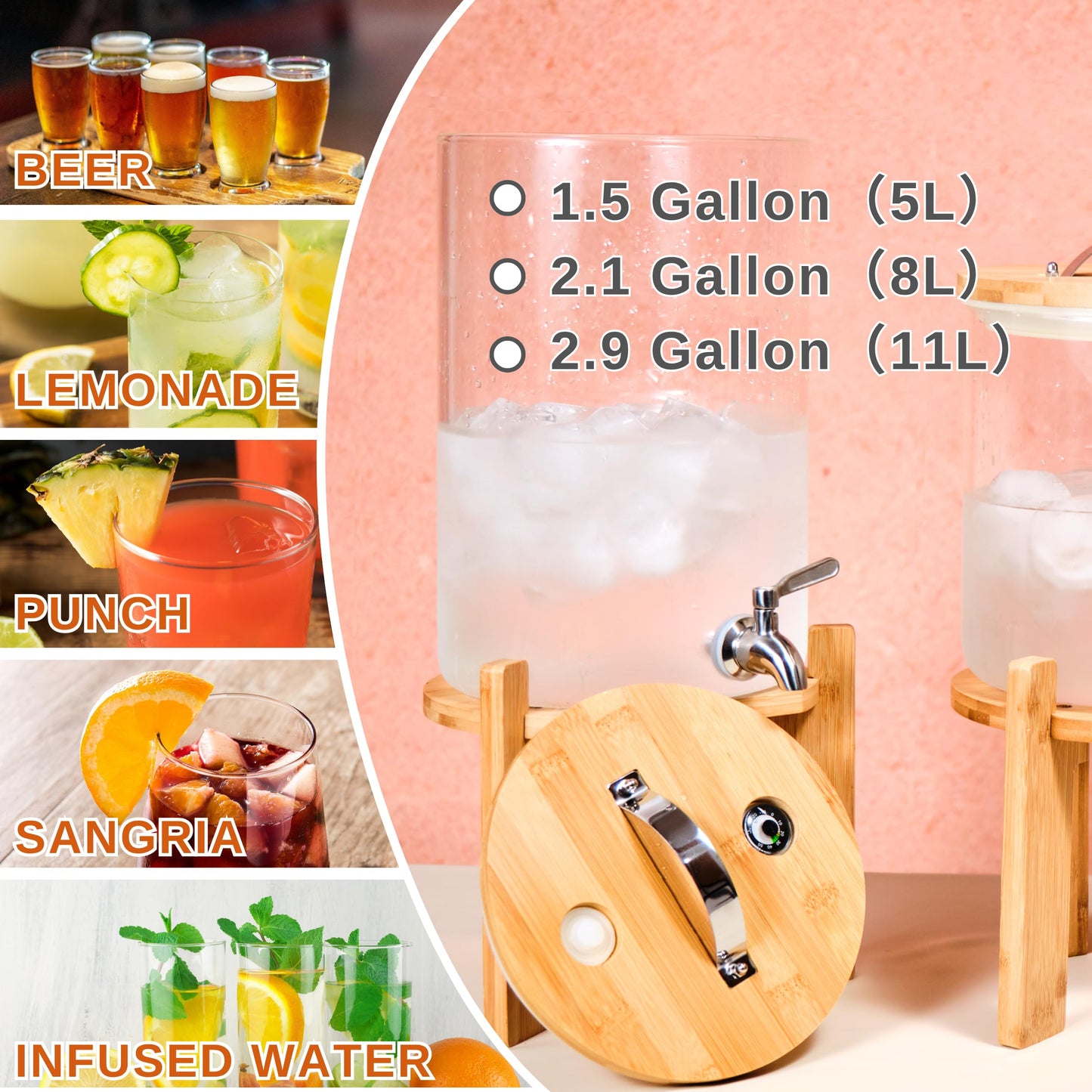 Glass Beverage Dispenser with Bamboo Stand 6.7 In and Lid, Iced 1.5 Gallon Drink Server with Spigot, Large Thick Glass Drink Dispenser for Parties, Hotels, Restaurants, Homes