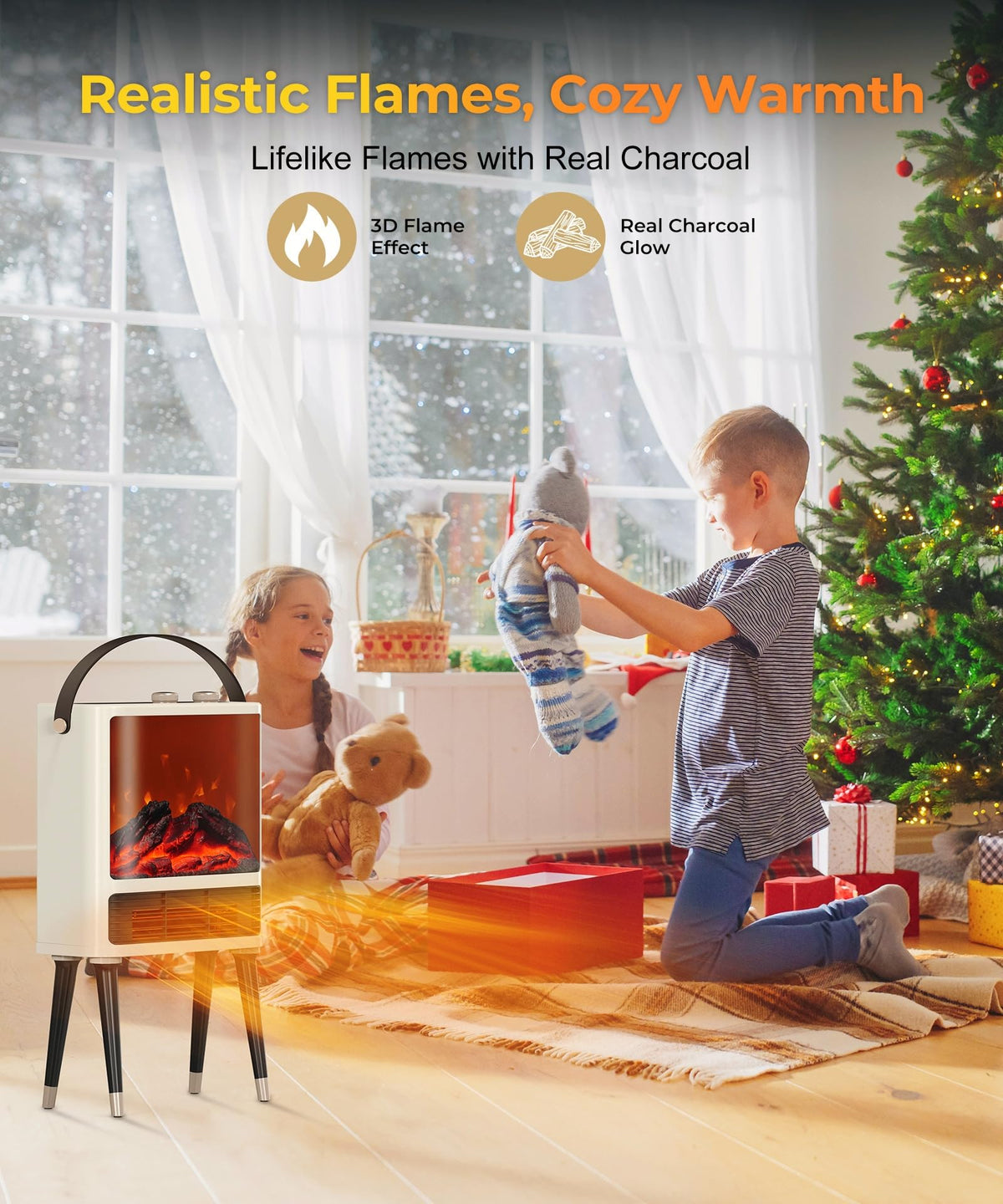 Fireplace Space Heater for Indoor Use, 1500W Freestanding Electric Heater with Realistic 3D LED Flame, 3 Modes, Overheating & Tip-Over Protection, Small Portable Heater for Bedroom Room Office, White