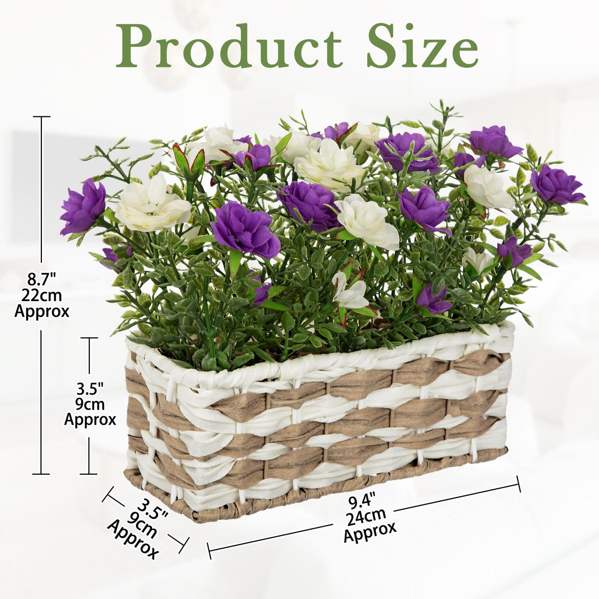 Artificial Rose Flowers with Woven Basket, Faux Roses in Fake Rattan Planter for Table Centerpiece, Romantic Floral Arrangement for Home Bathroom Office Desk Spring & Rustic Decor, Cream White Purple