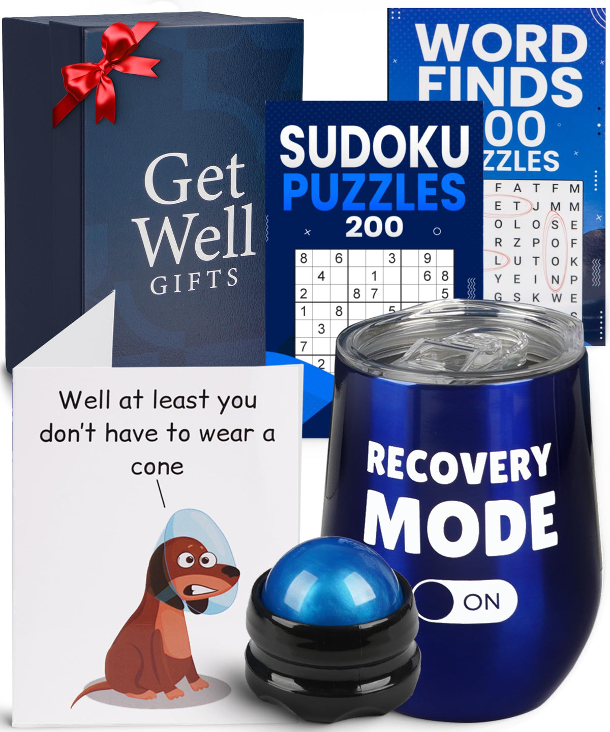 Amabeen Get Well Soon Gift Basket for Men - Funny Card, Insulated Tumbler, Word Finds Puzzle Book, Sudoku, Massager Ball - Recovery & After Surgery Care Package